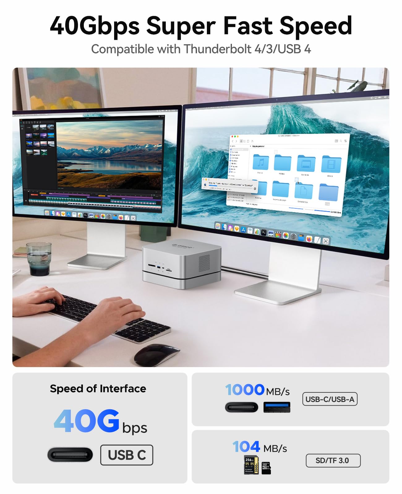 ORICO Data Matrix Mini 6TB Disco Duro Externo SSD 2TB y 4TB HDD,40Gbps USB-C Docking Station con SD/TF,CF-B,USB-C*2,USB-A*2,DP 1.4,Compatible con Mac Mini/Mac Studio (DMM13-6T)