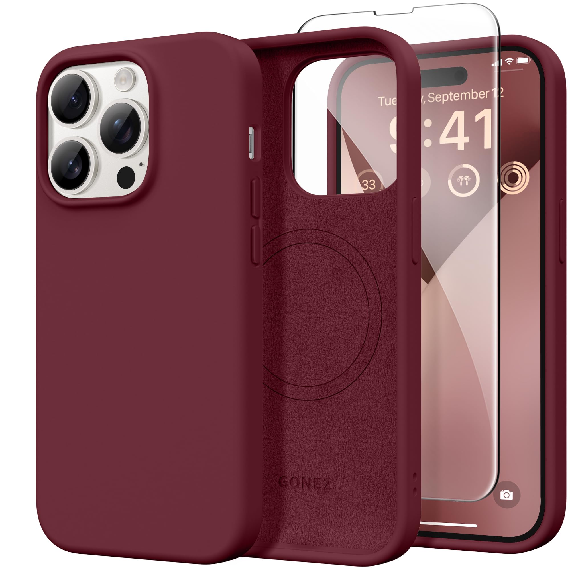 GONEZ Magnetische Hülle für iPhone 14 Pro Max, [kompatibel mit MagSafe], kratzfestes Mikrofaserfutter und Displayschutzfolie, stoßfeste schlanke Handy-Silikonhülle, 17 cm (6,7 Zoll), Kastanienbraun
