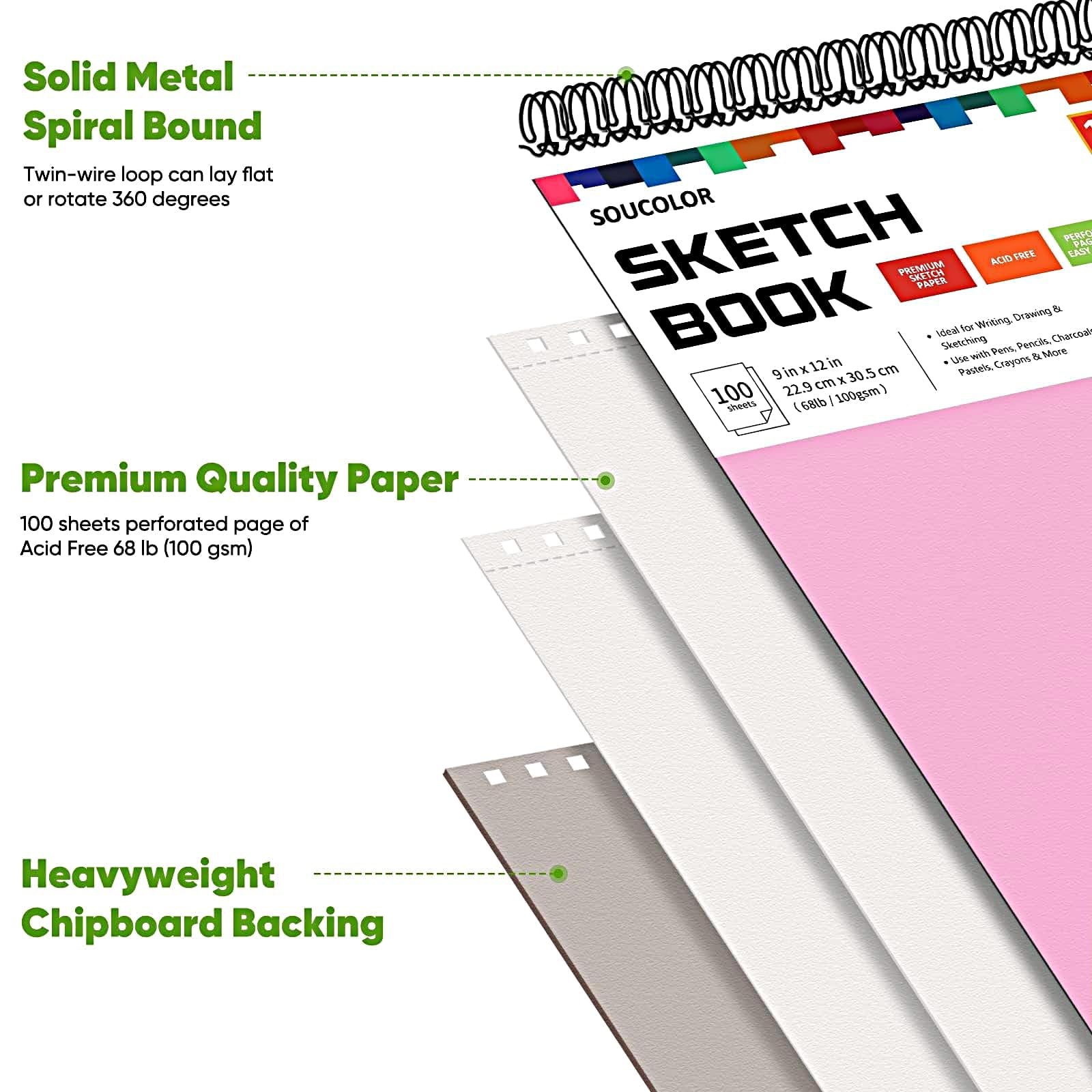 Soucolor Simpatico album da disegno, 22,9 x 30,5 cm, per donne, 1 confezione da 100 fogli a spirale, forniture artistiche pastello per artisti, set regalo per adulti