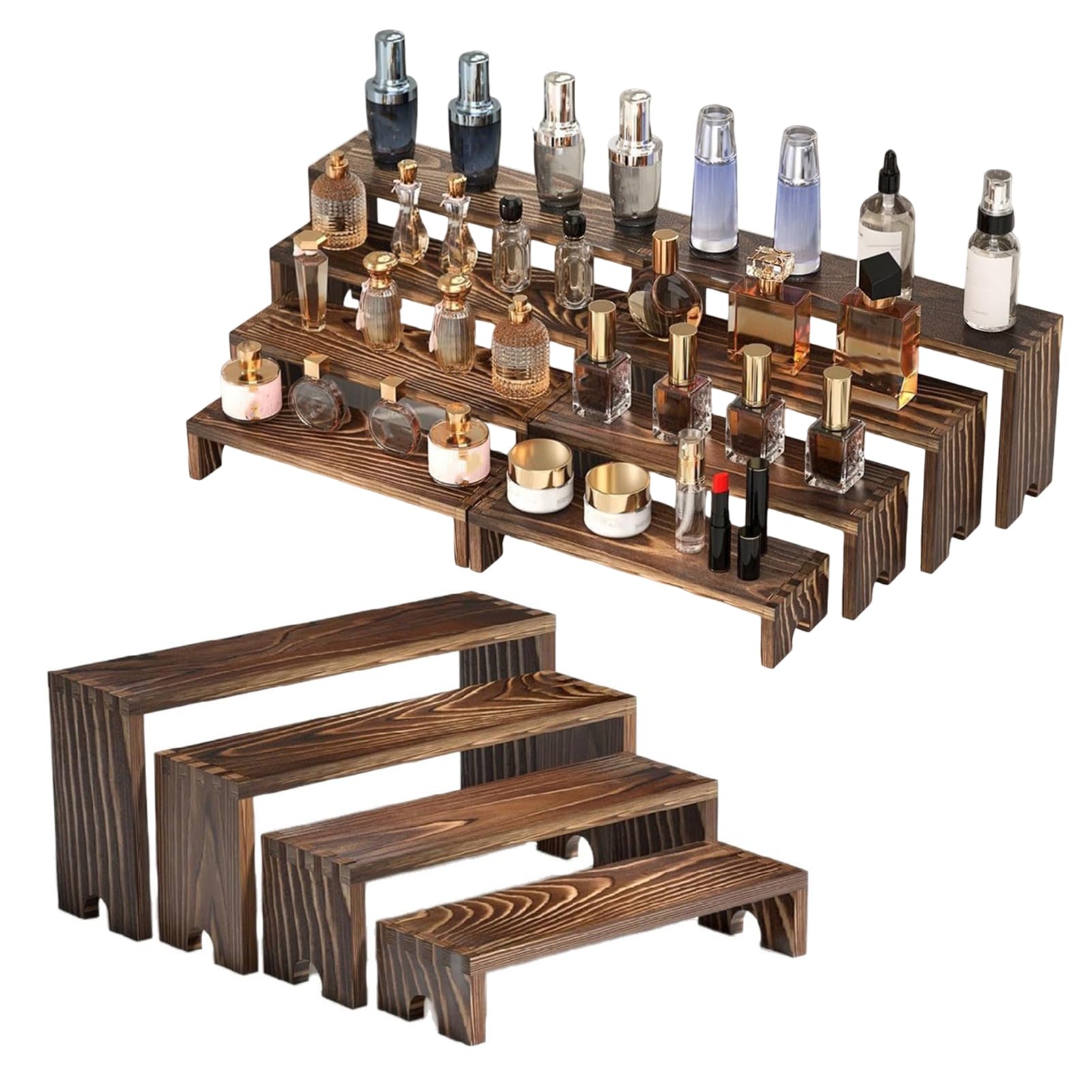 anwhriet 4pcs Wooden Display Stand, Wooden Tiered Riser Display Stands, 4-Tier Perfume Stand Organiser, Cupcake Dessert Stand,Wood Dessert Table Display Set, Food Display Risers for Party