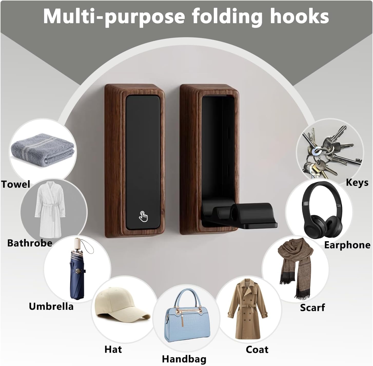 4 Pieces Foldable Wall Hooks, Folding Coat Hooks Bathroom Towel Hooks Clothes Hooks for Hanging Coats Towels Clothes Hats Bags Keys(Walnut + Black)