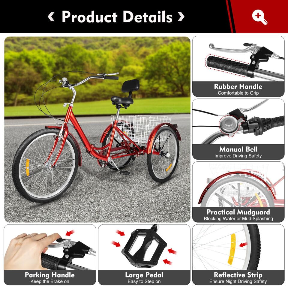 Amazon | 7 速 3 輪バイク 折りたたみ式三輪車 大人用 24 インチ 大人