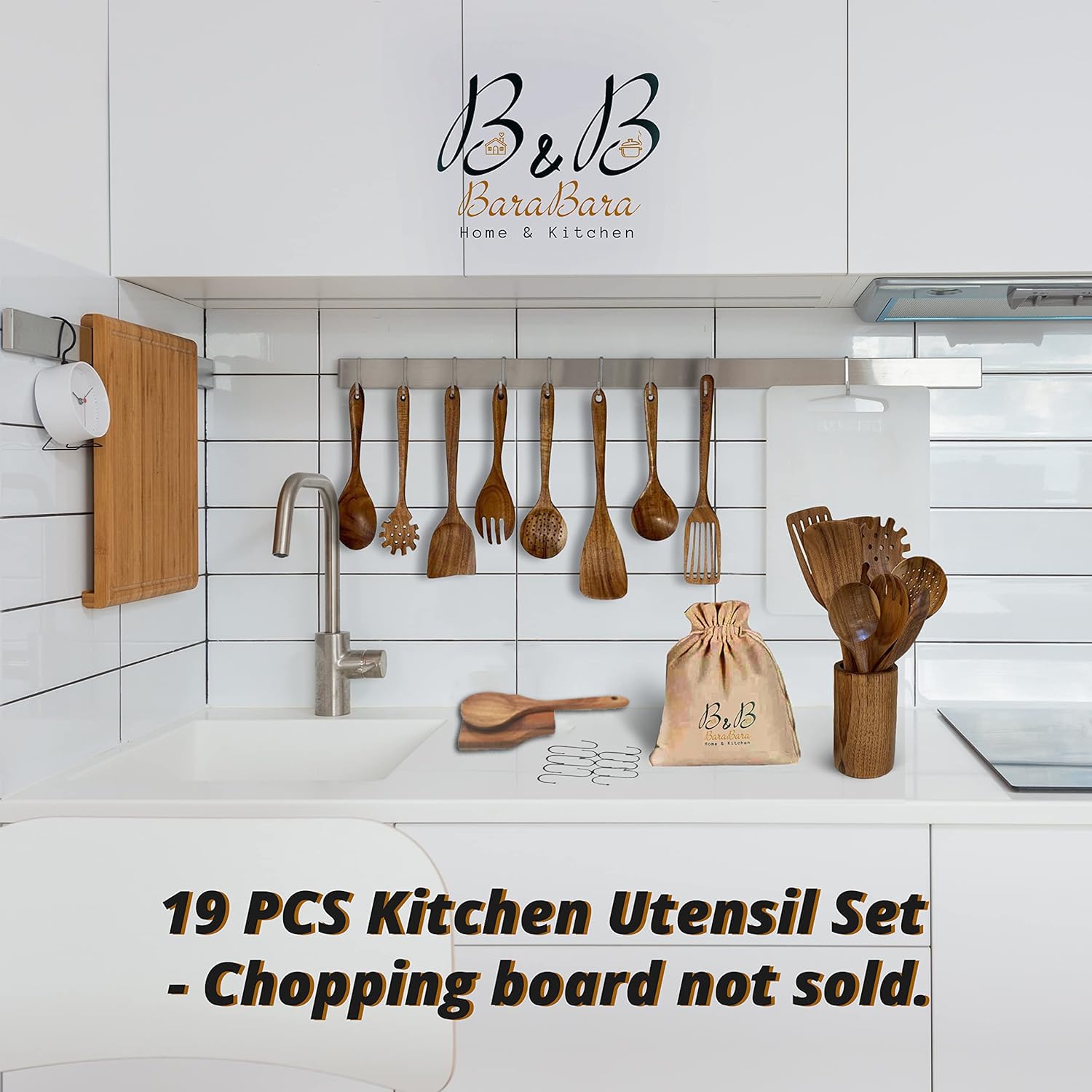 Küchenutensilien Set, Holzhalter, Löffelablage und Haken, 100% natürliches Teakholz Holz Küchenhelfer Set zum Kochen mit Spatel, Löffeln und Schöpfkelle in einem Stoffbeutel (19 Stück)