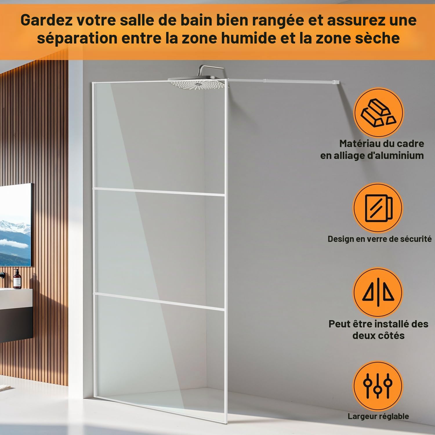 Paroi de douche Walk-In 120×200 cm Argent, 5 mm Verre de sécurité ESG avec cadre complet en aluminium, plage de réglage 0–10 mm, séparation de douche installable à gauche/droite