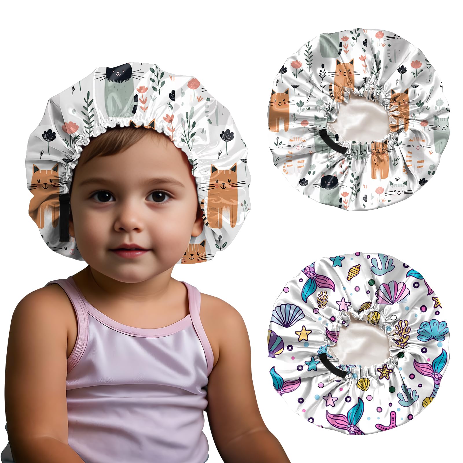 BHAHB 2 Stück Kinder Satinhaube Bonnets,Verstellbares mit Elastisch Doppelschichtiges Satin haarhaube,Niedlich Design für Junge und Mädchen