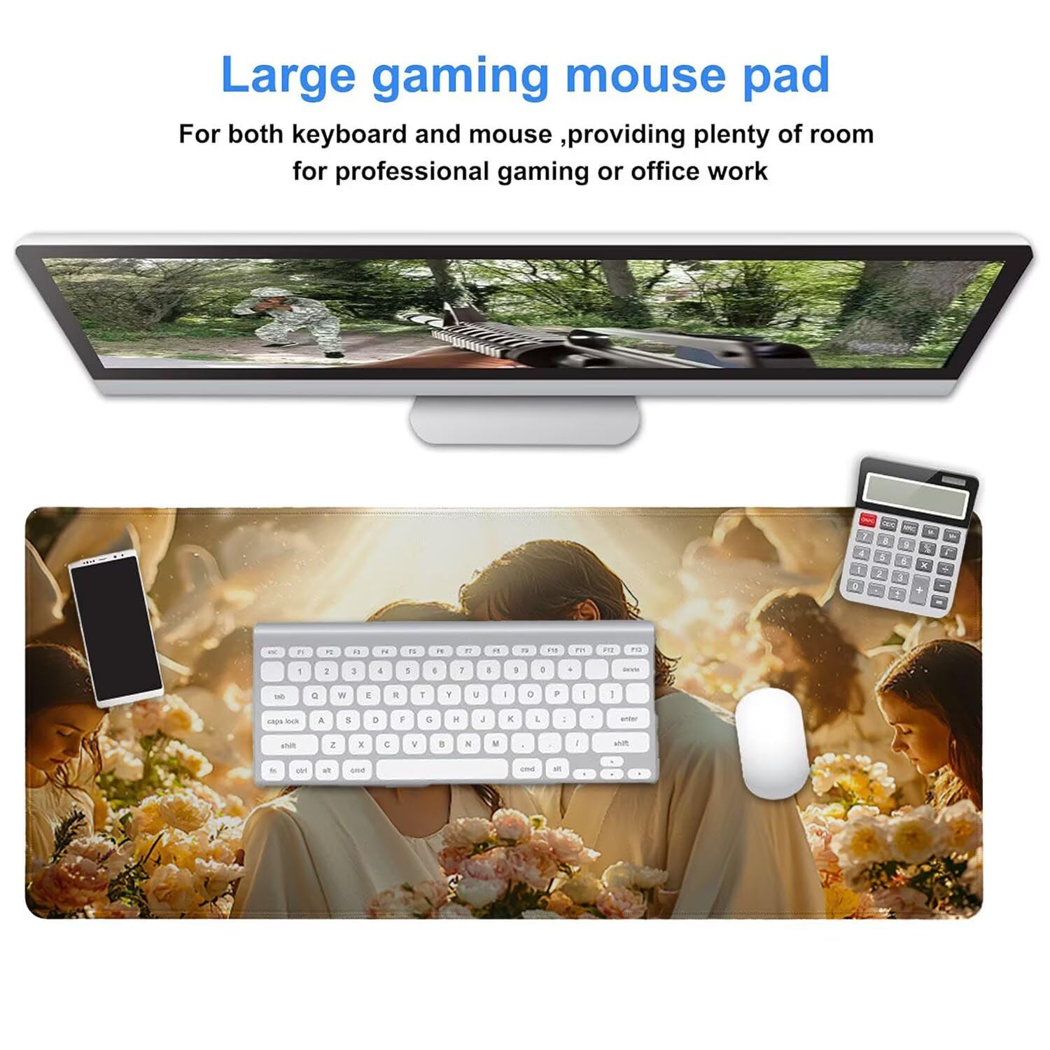 Gamingowa podkładka pod mysz, 1200 x 600 mm, XXL, przedłużona, duża podkładka pod mysz, szyte krawędzie, antypoślizgowa gumowa podstawa, ochrona biurka, do domowego biura (para Jezusów) Z940