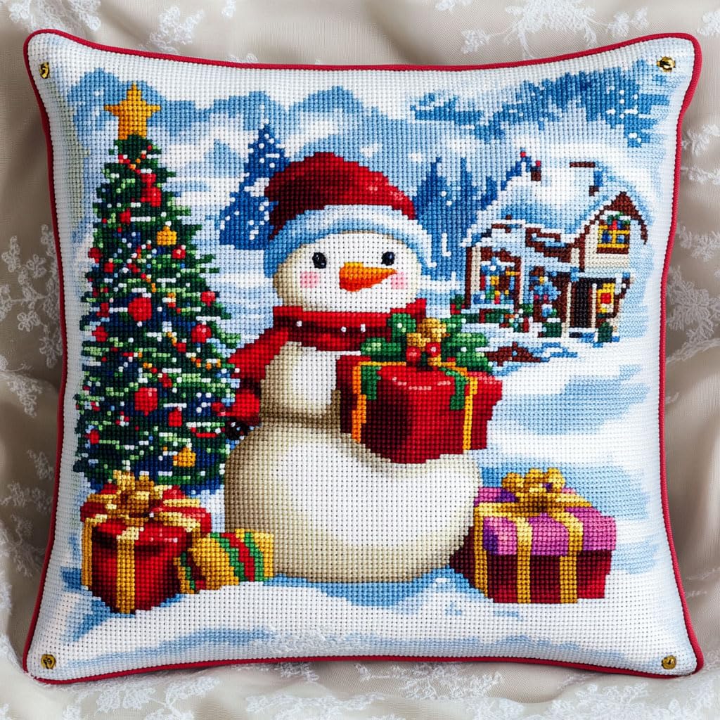 AMBATTERY 11CT Cross Stitch Pillow Kits, Christmas Tree and Snowman Handmade Needlework Cushion Kit Cross Stitch Cushion Embroidery Cushion Set Stitched Cushion Kit 45x45cm