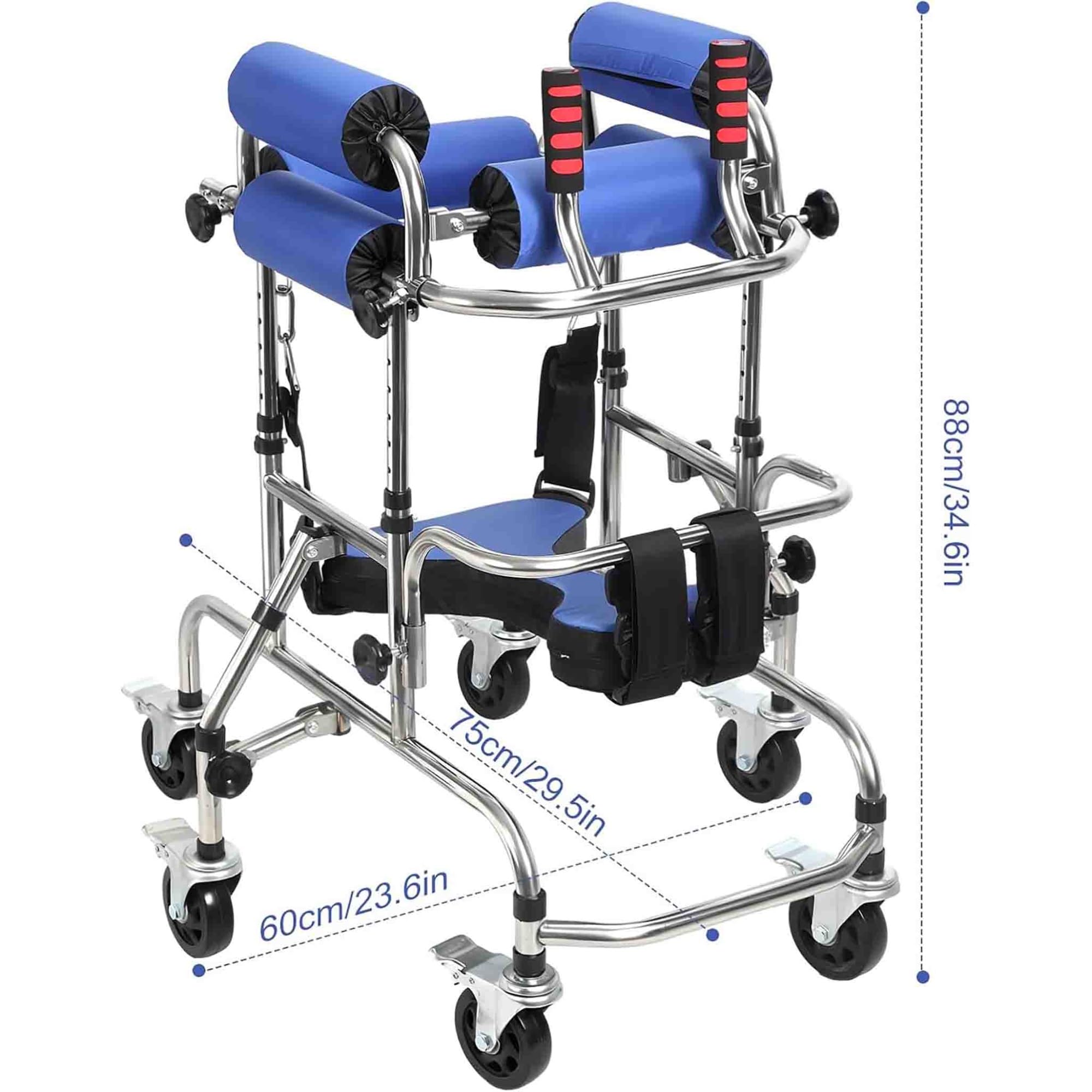 Andador pediátrico de altura y anchura ajustables con 6 ruedas y diseño antivuelco; andador de rehabilitación plegable para niños de 85 a 130 cm