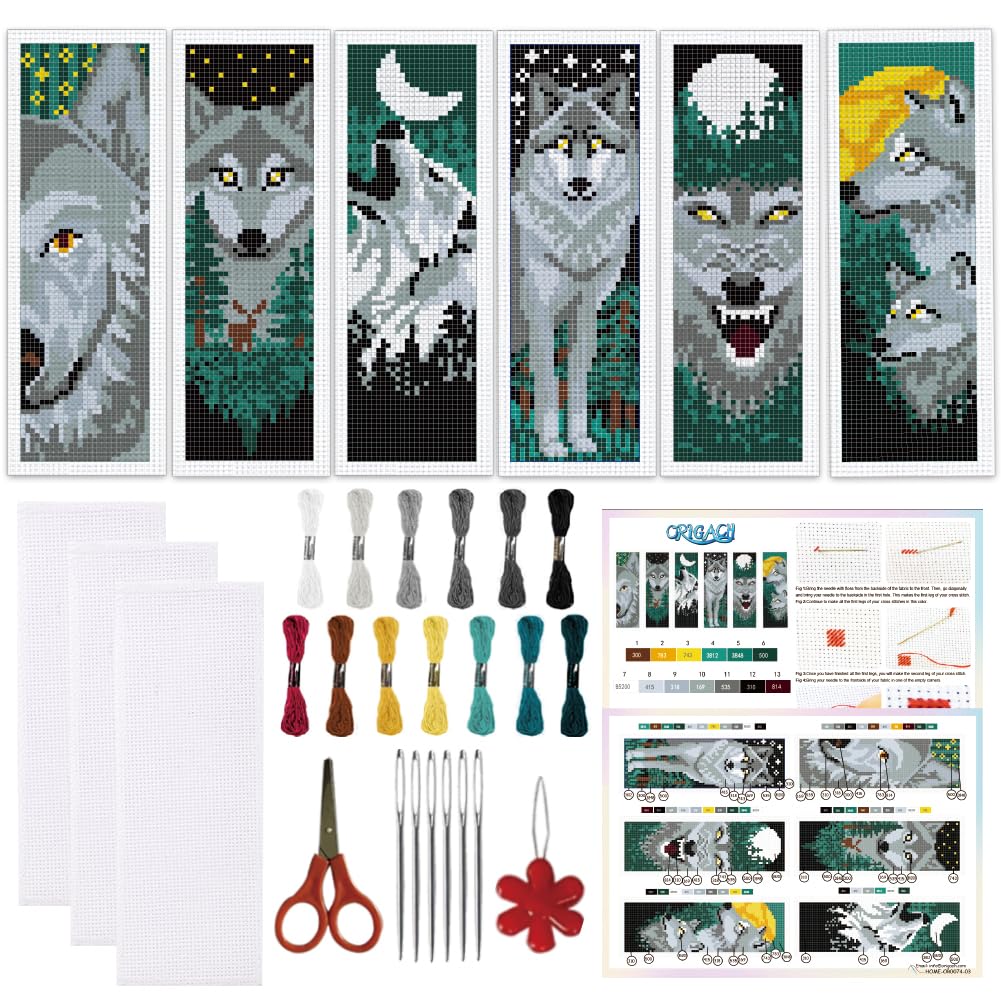 ORIGACH 6 Set Wolf & Forest Cross Stitch Bookmark Kit for Beginner with Backing Felt Floss Instructions DIY Stamped Embroidery Bookmark Kit for Adults, Book Lovers