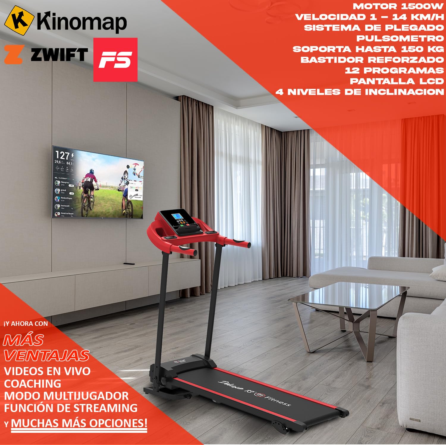 Cinta de Correr Plegable con Motor Eléctrico 1500W - Ideal para Andar Correr Trotar - Aguanta 150 kgs - Velocidad 1-14km