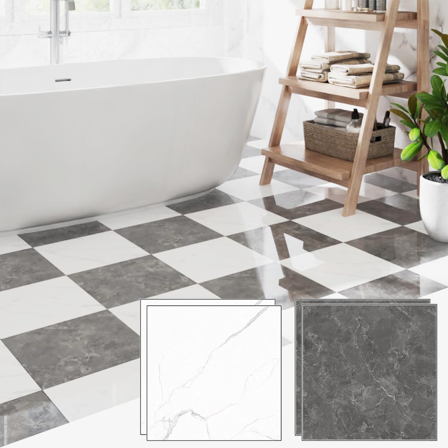 20-Pack 20 Sq.Ft Peel and Stick Floor Tiles Vinyl Glossy Pattern Flooring, 12” x 12” Self Adhesive Vinyl Flooring DIY for Kitchen, Bathroom, Laundry, Polish Dark Grey&White Marble