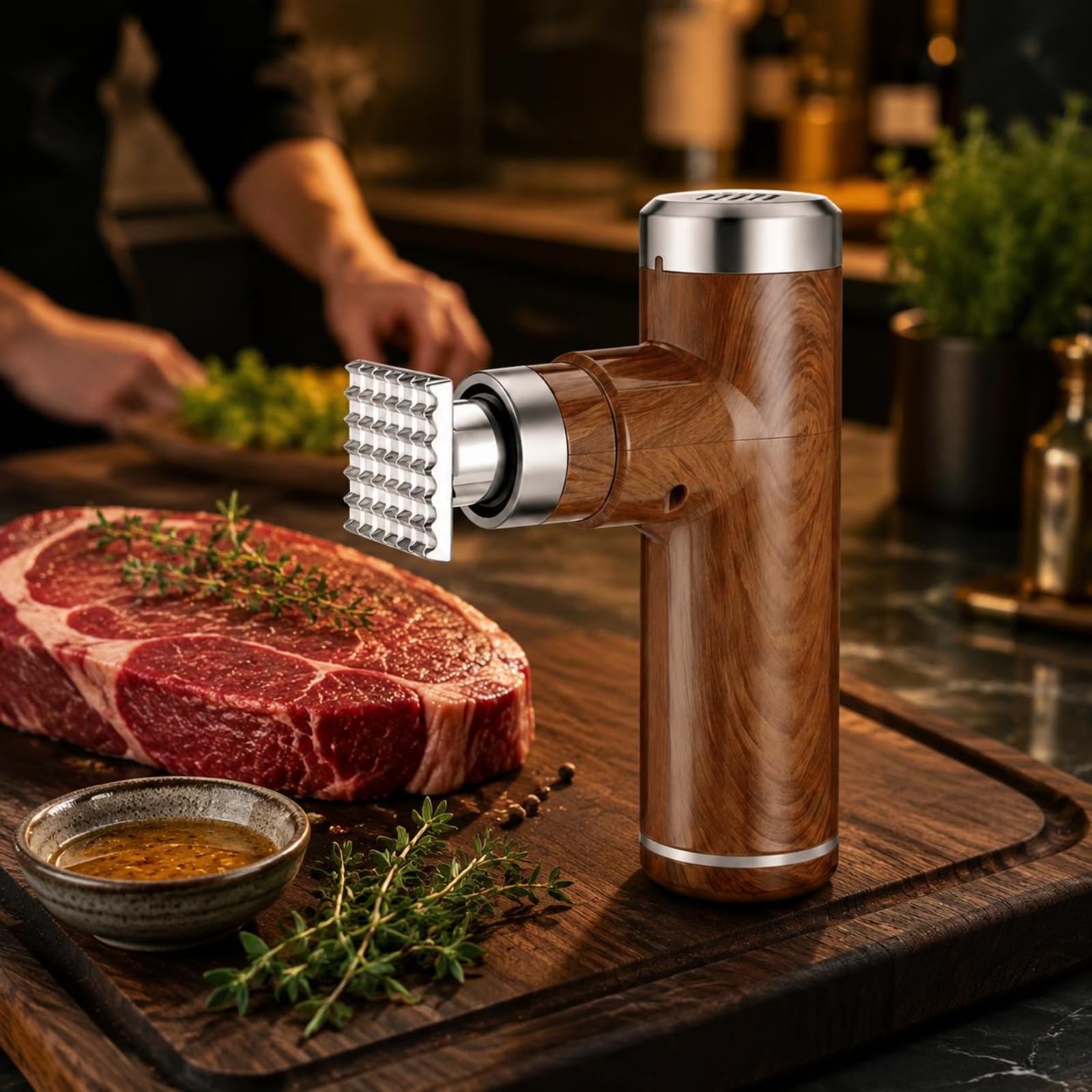 Qianly Elektrischer Fleischzartmacher Steakzartmacher Fleischzartierer Fleischklopfer aus Edelstahl mit Mehrfachnadeln Und 6 Stufiger USB Einstellung für, Braun, Hochwertiges Braun