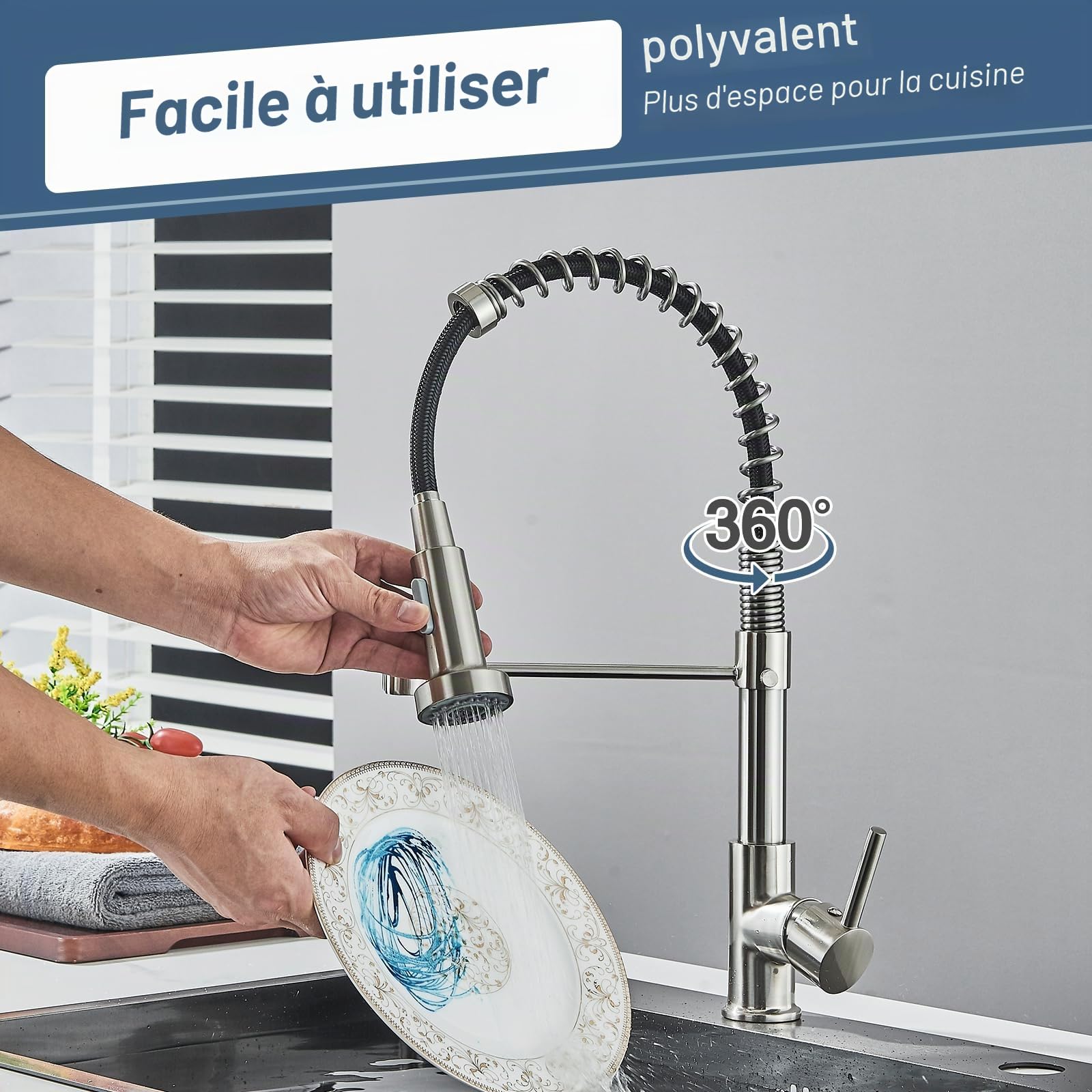 JUNSHENG Robinet de cuisine extractible, mélangeur acier inoxydable haute pression pivotant 360°, nickel brossé