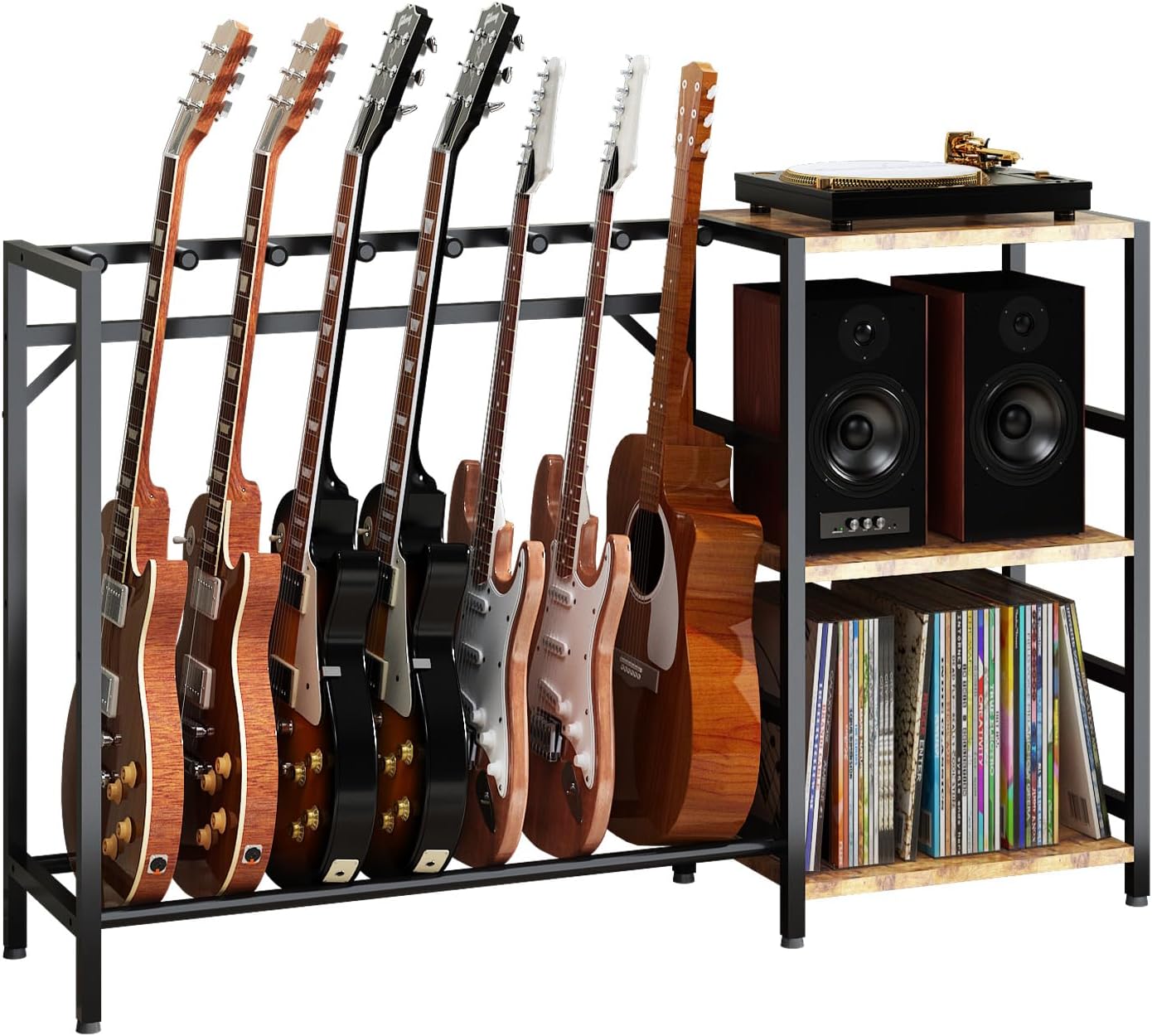 Record Player Stand with Guitar Stand, Record Player Table with Guitar Rack, Guitar Holder 7 Space for Multiple Guitars, Bass, Acoustic, Guitar Display for Home Music Studio, Brown
