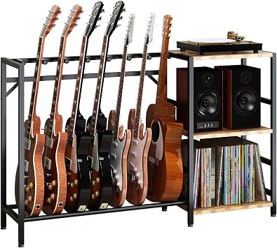 Record Player Stand with Guitar Stand, Record Player Table with Guitar Rack, Guitar Holder 7 Space for Multiple Guitars, Bass, Acoustic, Guitar Display for Home Music Studio, Brown