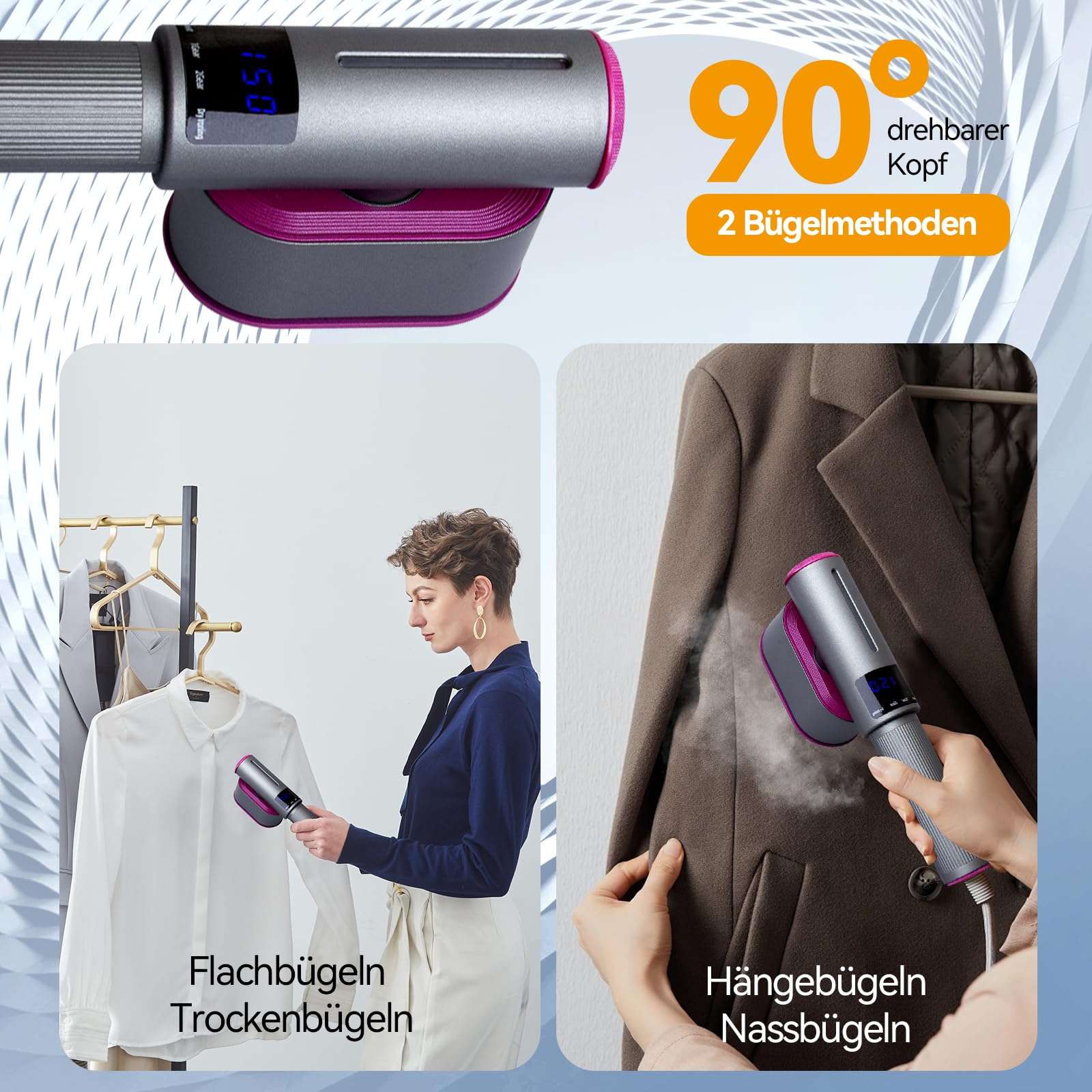 Reise Dampfglätter, 2 in 1 Tragbarer Dampfsteamer für Kleidung mit 100 ml Wassertank & 1200 W, 15 Sekunden Schnellaufheizung, LED-Display, Handheld Reisebügeleisen, Grau und Lila