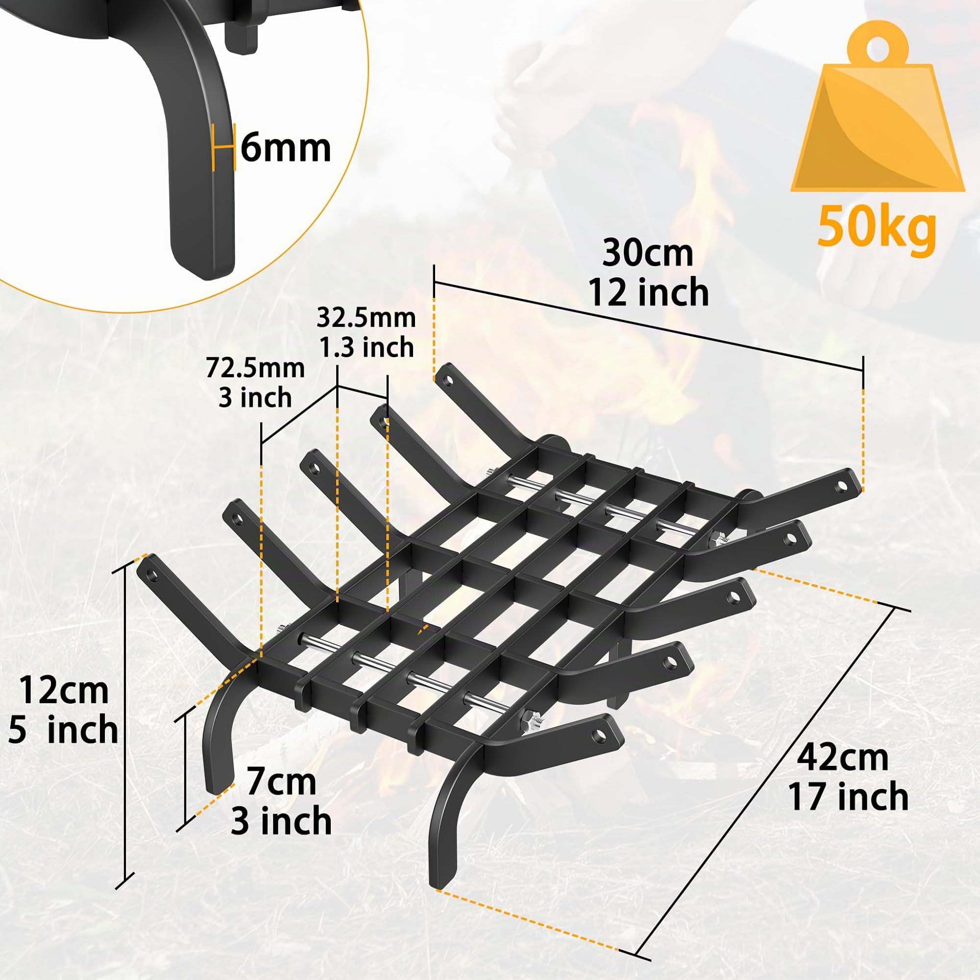LZQ Rost à bois en acier à haute teneur en carbone pour cheminée, Rost à bois pour poêle à bois 41 x 31 x 11 cm, support à bois à combustion, rost à feu avec pieds, capacité de charge jusqu'à 50 kg