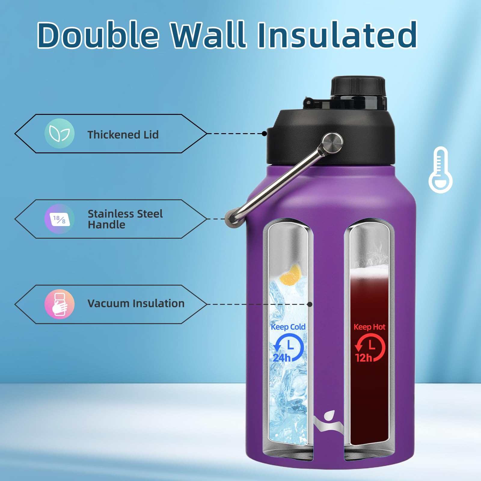 Konokyo 87oz (3Lid) Water Bottle - Large Capacity, Purple, Motivational Time Marker - View #2