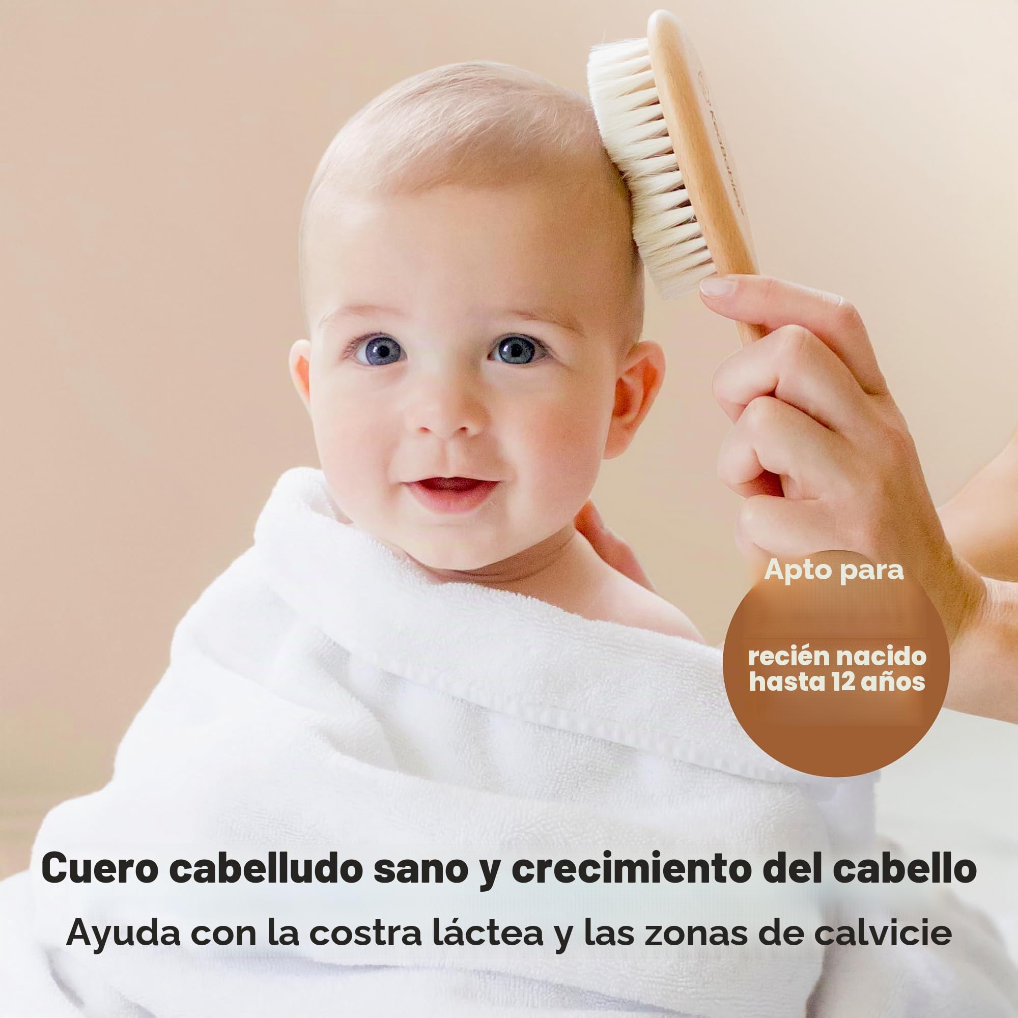 Cepillo de pelo para bebé recién nacido - Madera natural con cerdas suaves de cabra para la costra láctea - Kit de cuidado de cepillo de pelo para el cuero cabelludo perfecto para bebés, niños pequeño
