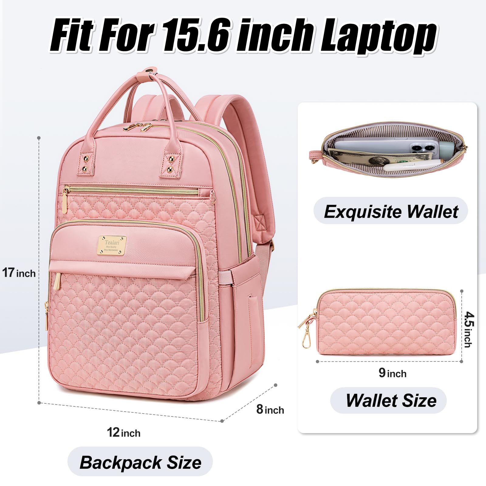Tealari Zaino per laptop da donna, zaino per laptop da 15,6 pollici per lavoro, zaino da viaggio impermeabile, borsa per libri universitari con portafoglio