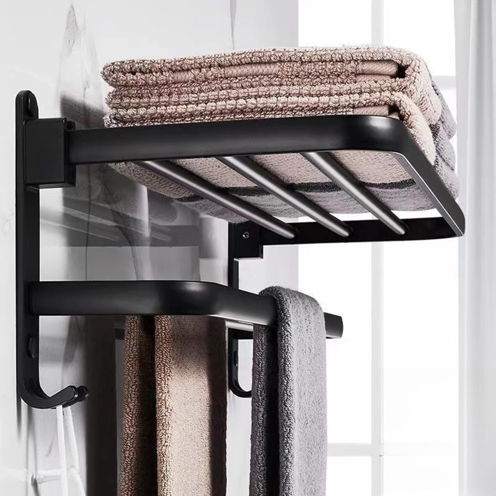 Toalleros de baño, Accesorios baño, Colgador Toalla de Pared Toallero con Ganchos, Barra Doble Estante de baño Toallero Doble Plegable de 90° per Bagno, Cucina, Hotel