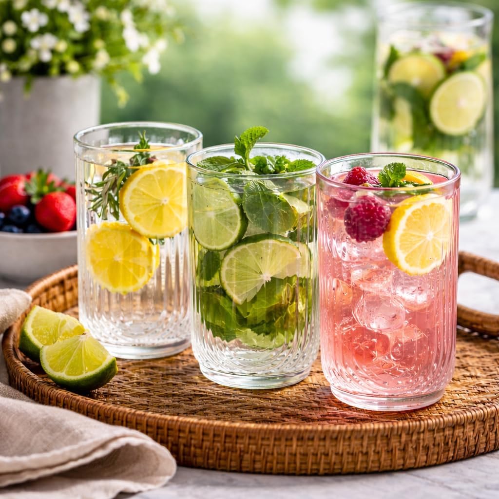 Glaver's Drinking Glasses Set of 8. 17oz Vintage Drinking Cups. Ripple Cocktail Glasses, Ribbed Drinking Highball Glass Cups. Arch Designed Art Deco Glassware for Water Juice Coffee. Package may Vary