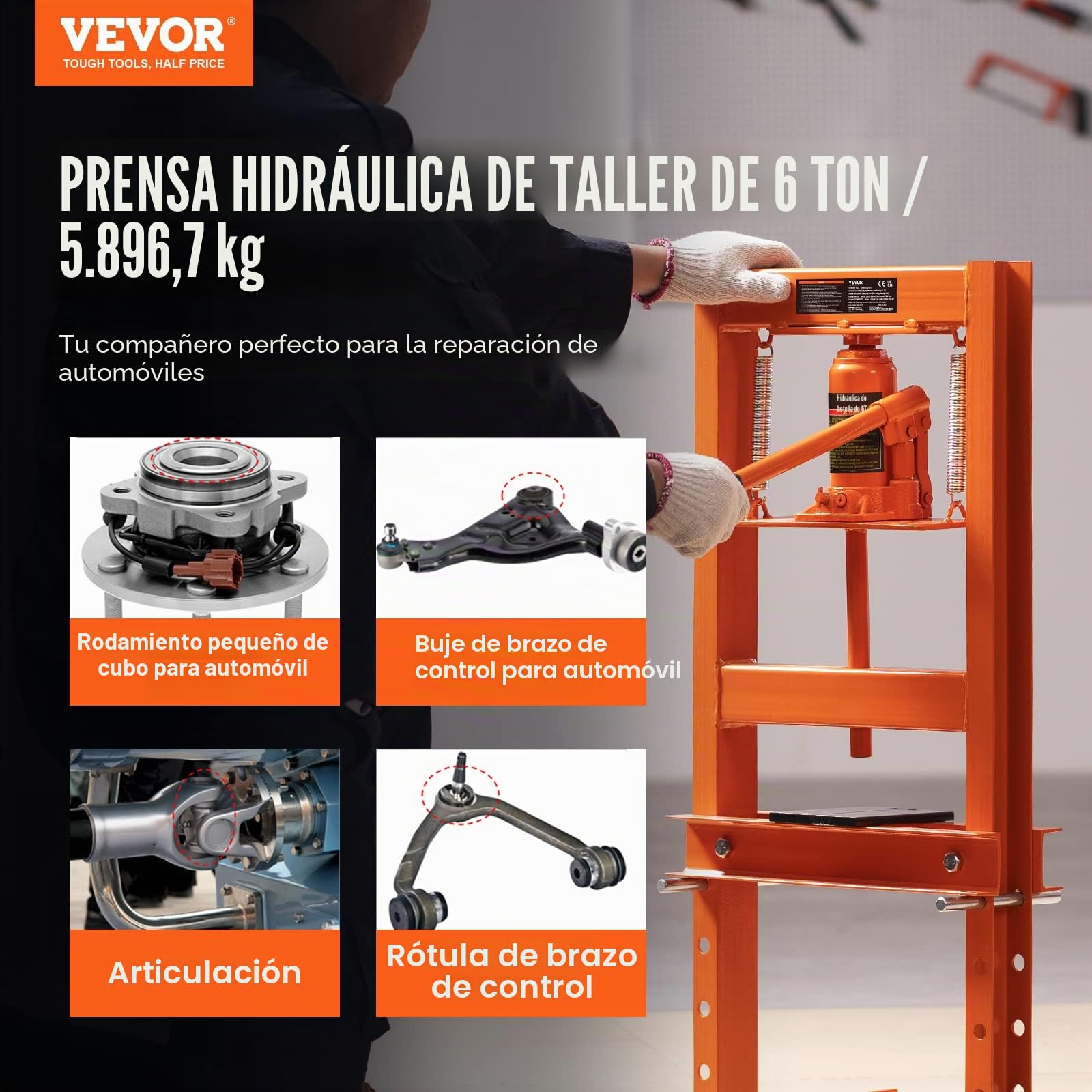 VEVOR Prensa Hidráulica para Taller Prensa Hidráulica para Garaje/Tienda con Marco en H de 6 T Prensa Ajustable para Taller con Placas de Prensado Prensa Hidráulica de Alta Resistencia para Garaje