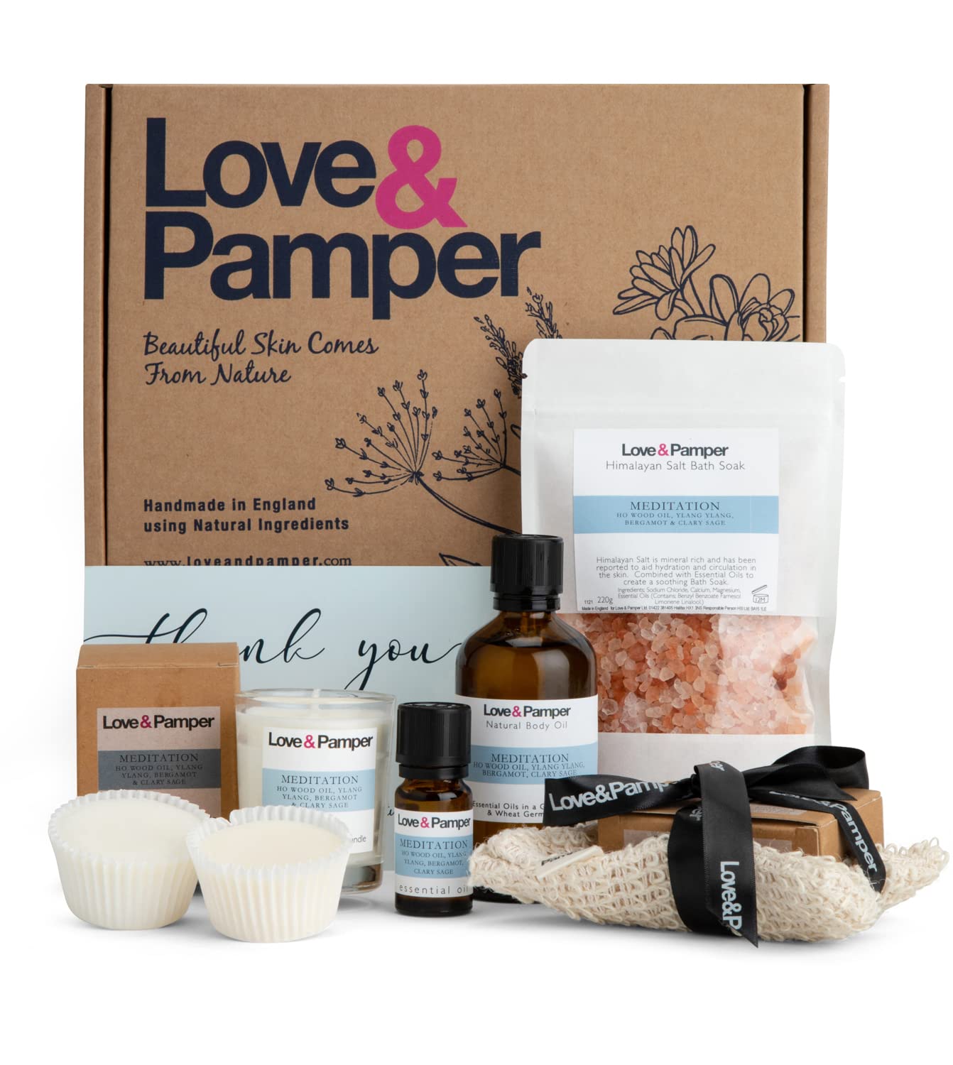Love & Pamper LUXURY MEDITATION - Aromatherapy Pamper Gifts For Women,Ho Wood Oil Ylang Ylang Bergamot 100ml Massage Oil,Essential Oil,Himalayan Bath Salt,Soy Wax Candle,Triple Milled Soap,2 Wax Melts