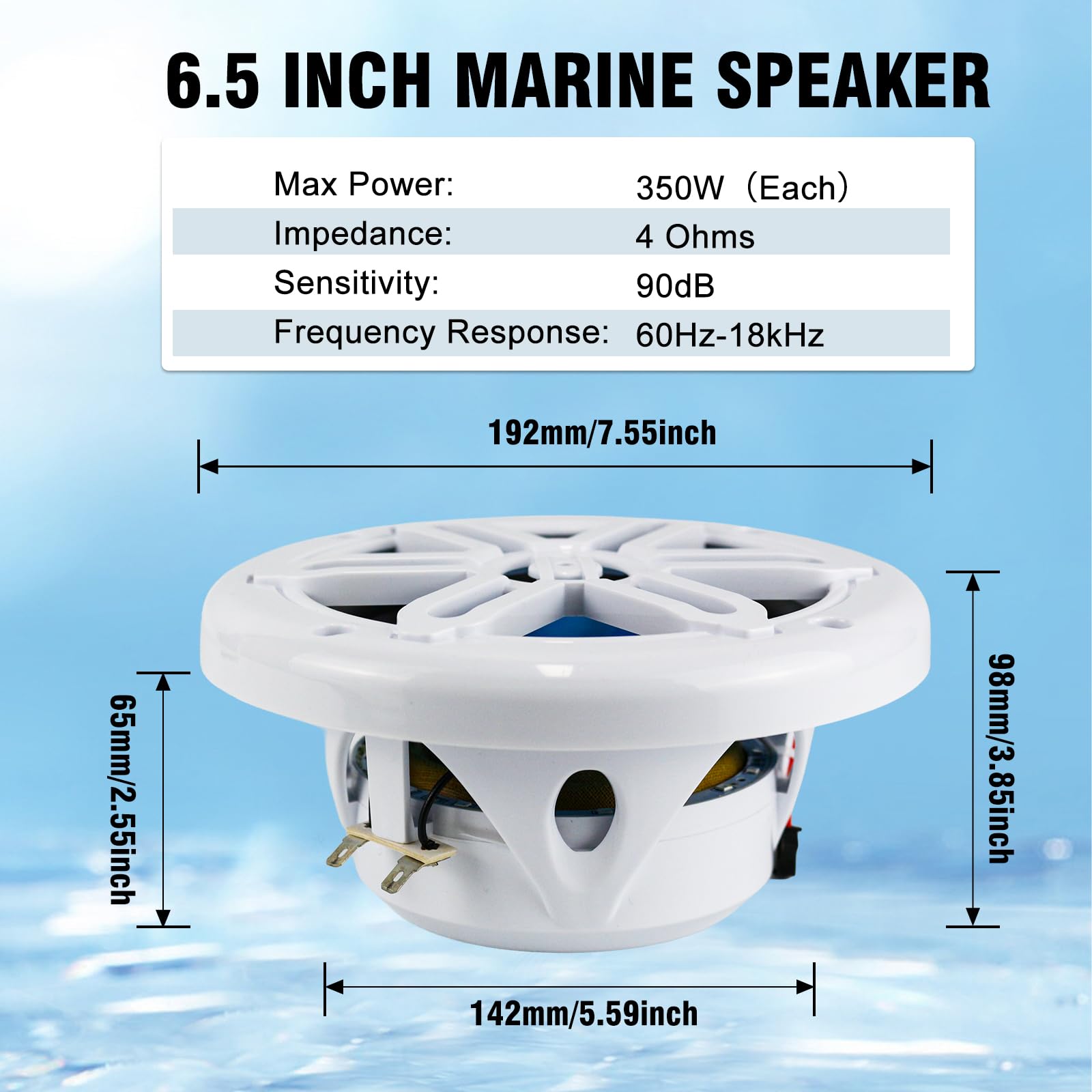Herdio 6.5" 350W Marine Speakers - IP66 Waterproof Coaxial Audio, with Blue LED Light for Boats, ATVs, UTVs with UV Resistant White Grille (A Pair)