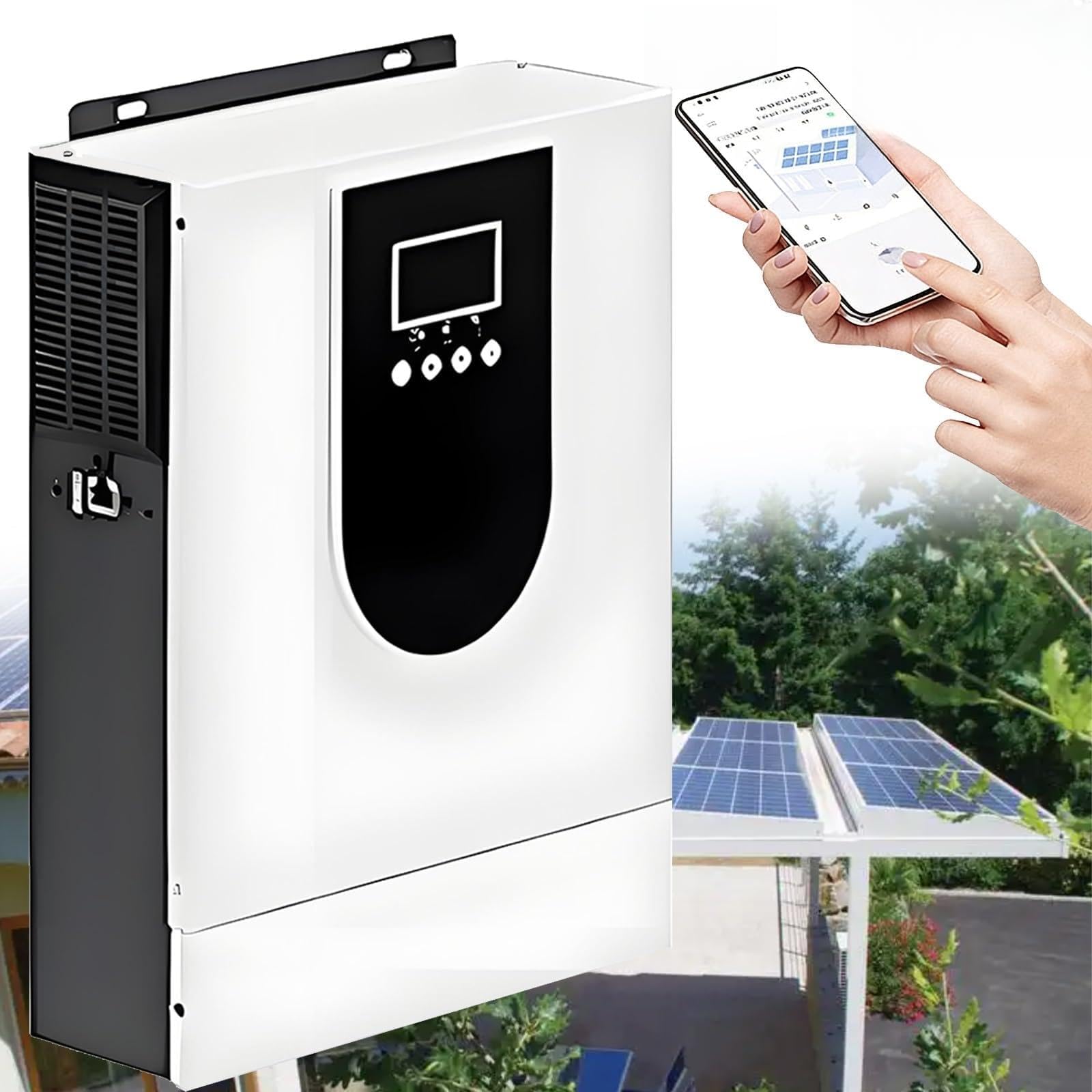 Inversor Solar Híbrido 1.0-10,2KW DC 12V 24V 48V a AC 220V-240V con Regulador de Carga Solar MPPT Entrada Fotovoltaica Máxima de 450V Inversor Híbrido Funciona con o Sin Pilas(con WiFi)(1.0KW/12V)