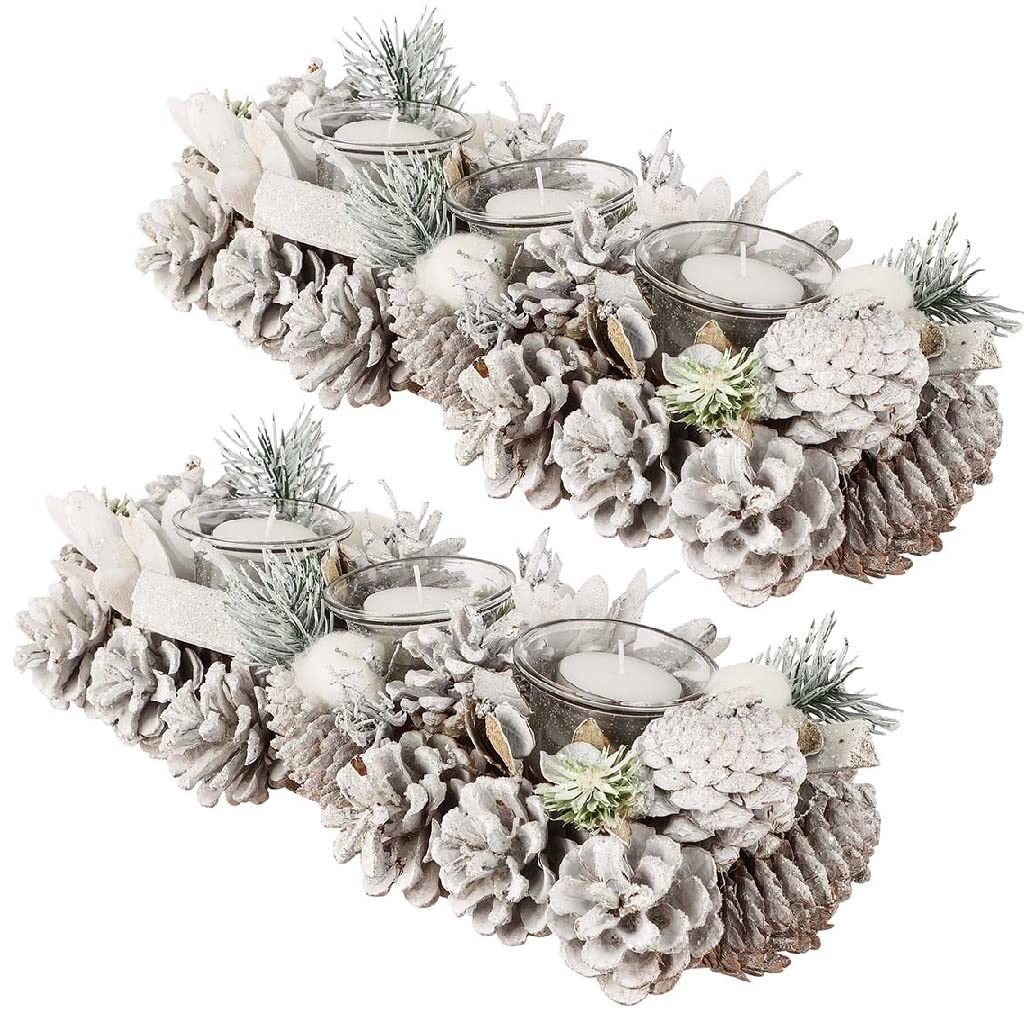Set of 2 Pine Cone Christmas Glass Triple Tea Light Candle Holders Snow White Table Centrepiece Tealight Votive Candle Lantern Decoration (CB43)