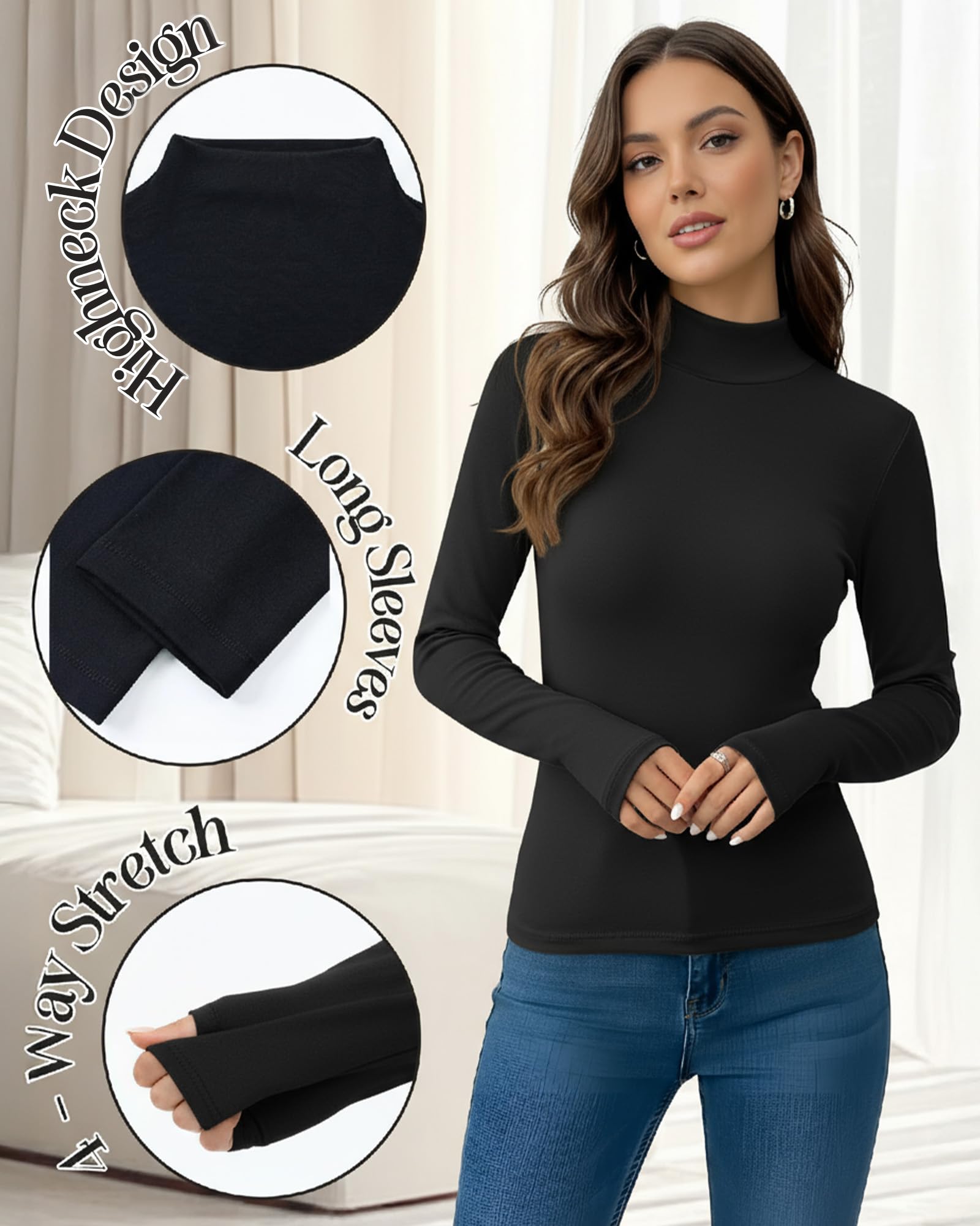 Patelai 3 pezzi da donna termiche dolcevita morbido collo alto top invernale compressione manica lunga strato di base top