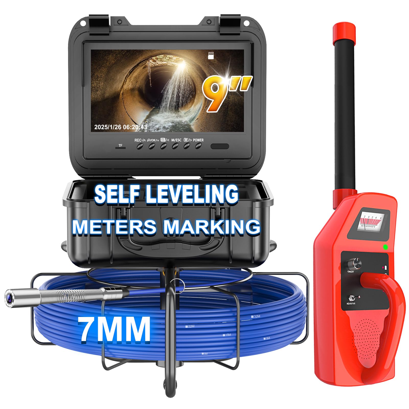 Anysun Sewer Camera with Locator, Self-Leveling Pipe Camera 150ft with 0.28in/7mm Fiberglass Cable and Meter Marker, 9'' HD Sewer Inspection Camera