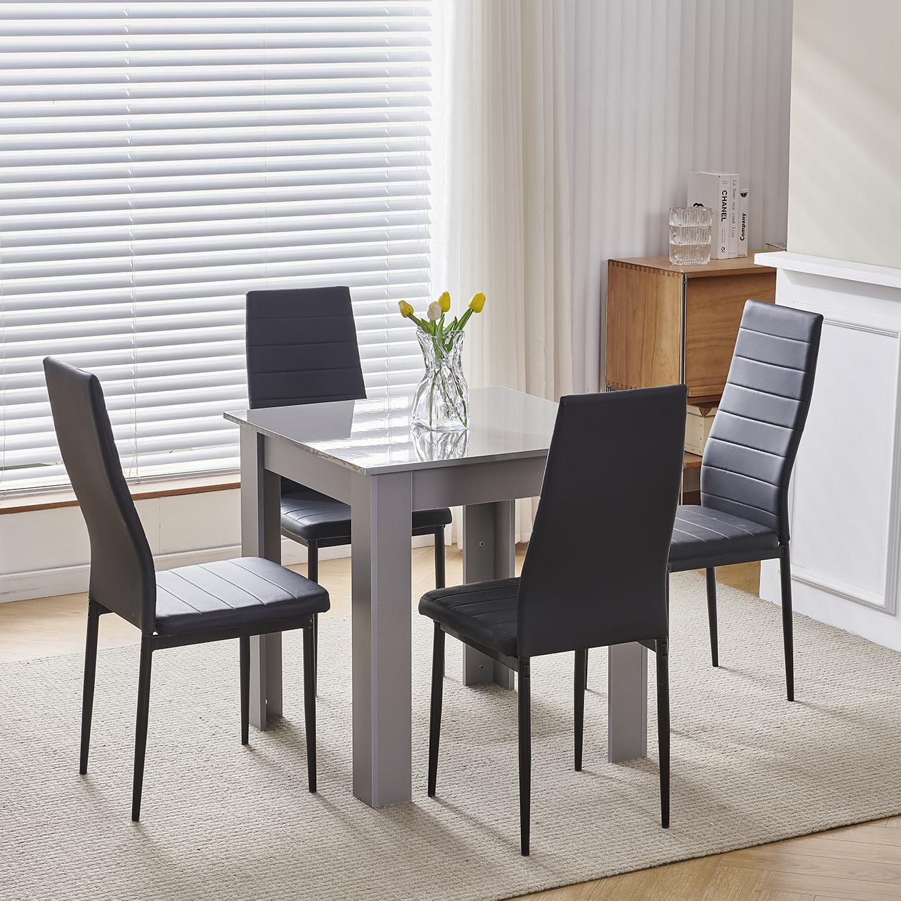 Homullel 75x75 cm Small Dining Table and 4 Chairs, 4 Seater Table and Chairs Set Kitchen Dining Room Set for 4, Compact, Space Saving, Wooden, Glossing Tabletop Grey (4 Seats, Faux Leather Black #1)