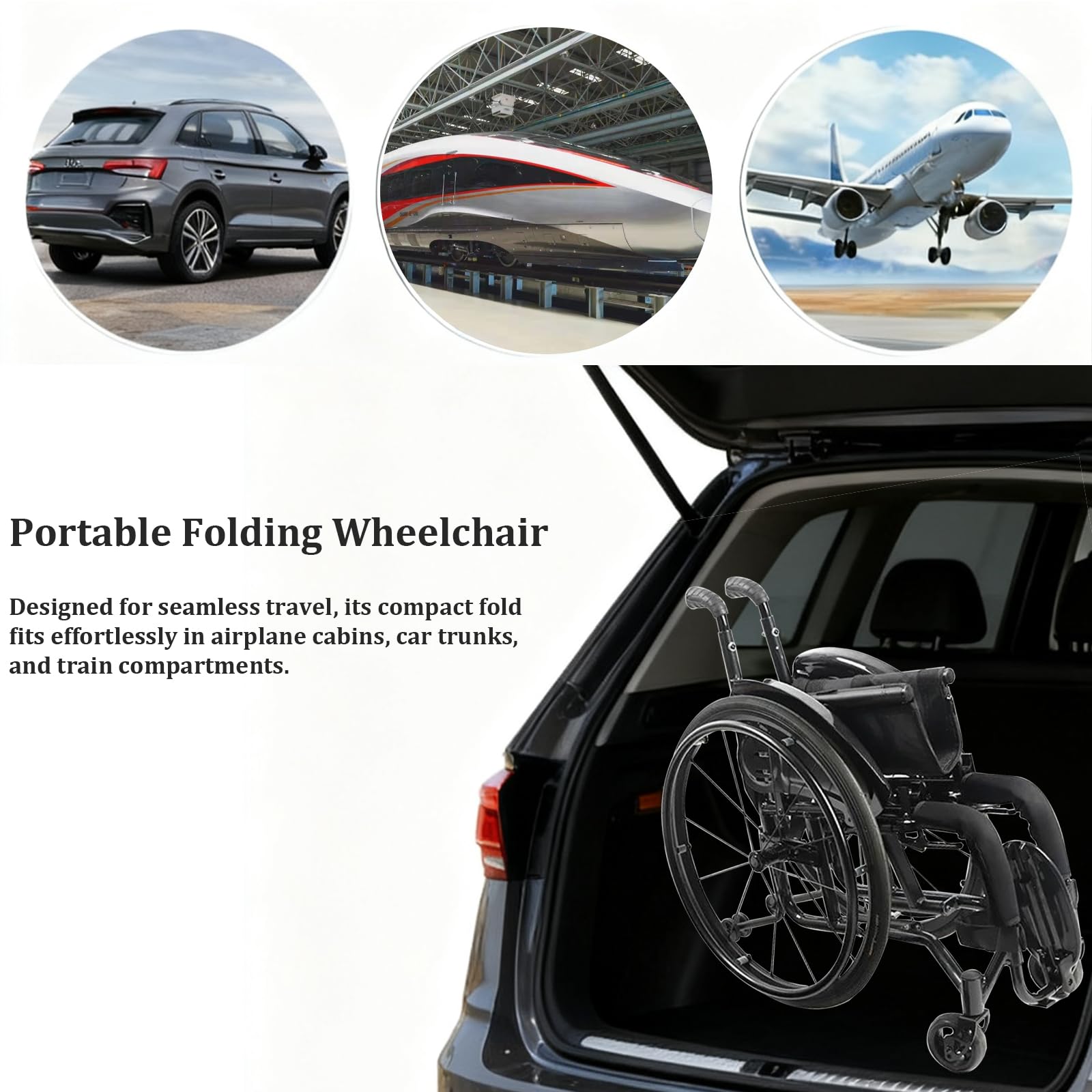Carrozzina per disabili, Pieghevole, Alluminio, Sedia A Rotelle Portatile, Sedia Stretta, Freno Manuale, Poggiapiedi Pieghevoli(40cm/15.7in Seat,Black)