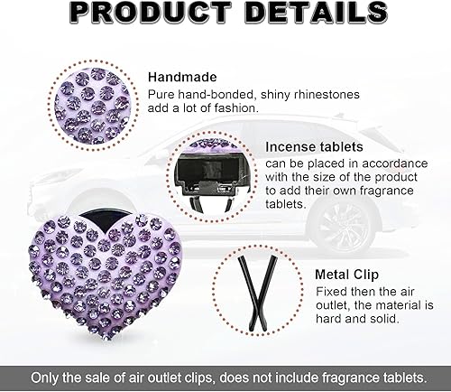 Miniatura 10 de 2 piezas de dijes de corazón de cristal brillantes para ventilación de automóvil, accesorios universales para decoración interior del automóvil