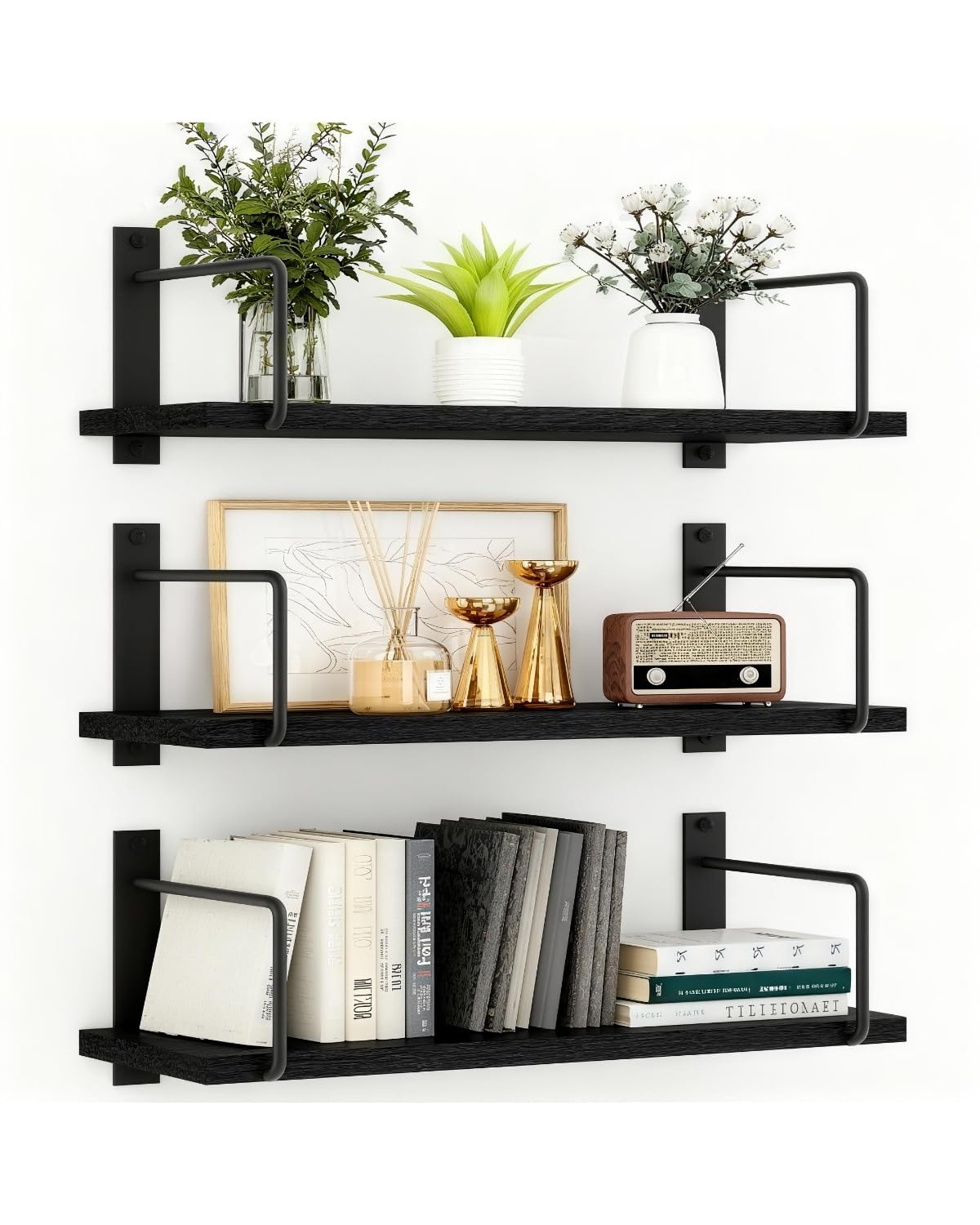 TRAYINDALY Floating Shelves for Wall Set of 3, Rustic Wood Wall Shelf for Room Decor, Multi-Functional Storage & Organiser for Bedroom, Bathroom, Living Room, Kitchen, Office（Black）
