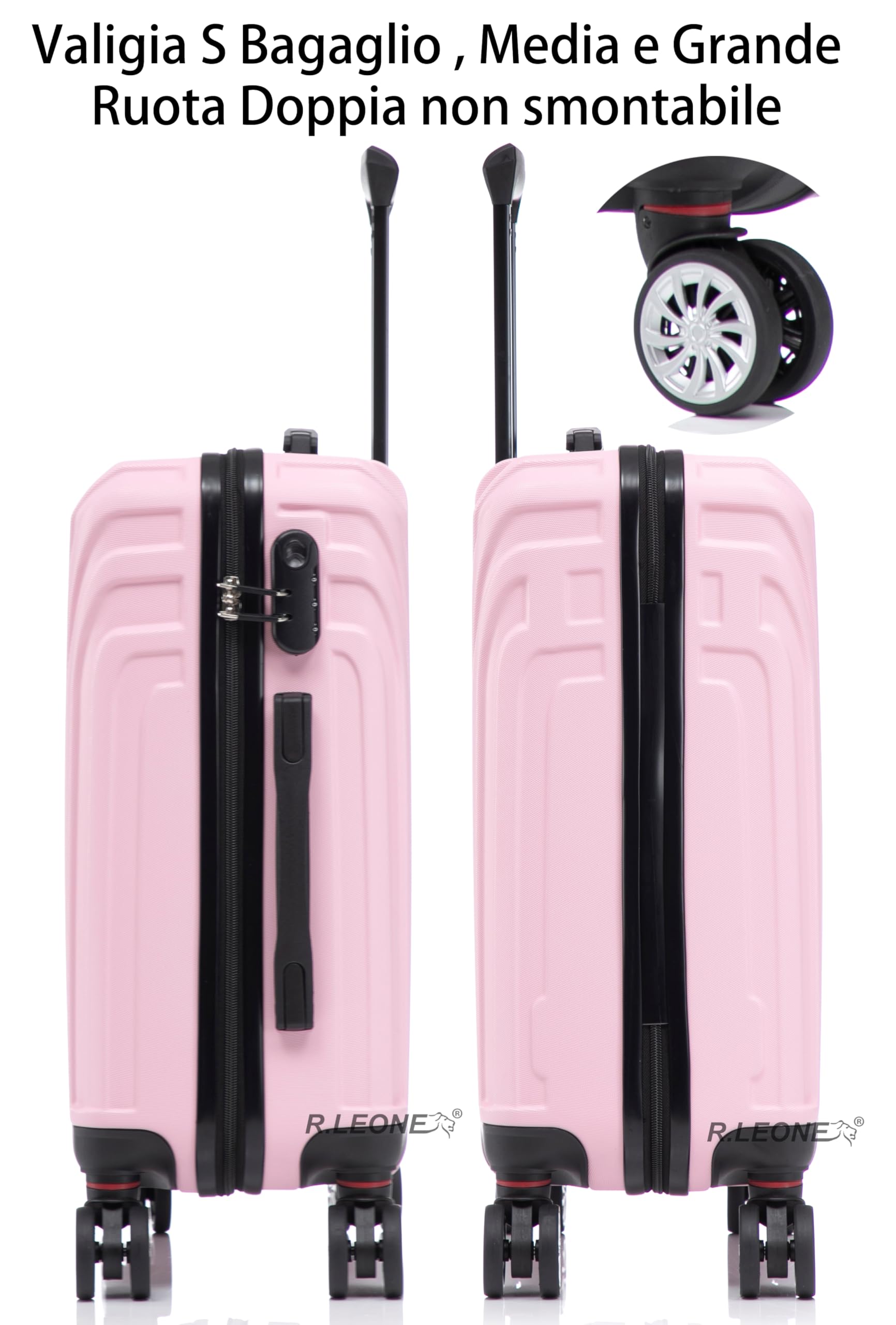 R.Leone Valigia da 1 Fino a Set 4 Trolley Rigido grande, medio, bagaglio a mano 55x40x23 cm Wizz, ITA Airways e bagaglio 45x36x20 cm EasyJet in ABS 9001 (Rosa Pastello, M Valigia Medio)