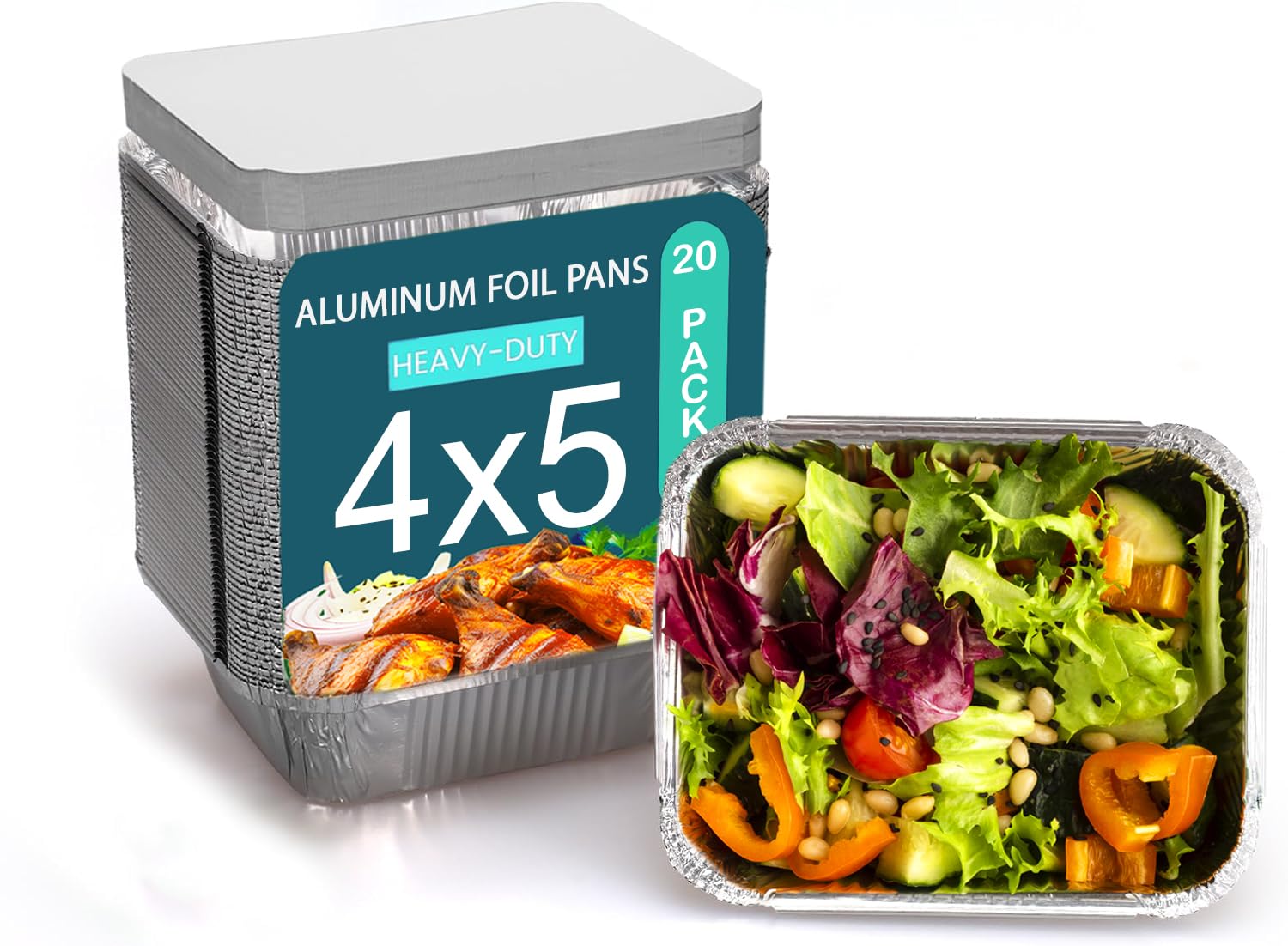 1LB 4"x5" Foil Pans with Lids 8 Square Baking Cake prep meal freezer Trays mini cooking loaf Heavy Duty storage Disposable Aluminum Tins Portable Food Containers takeout boxes metal Catering 20 Pack