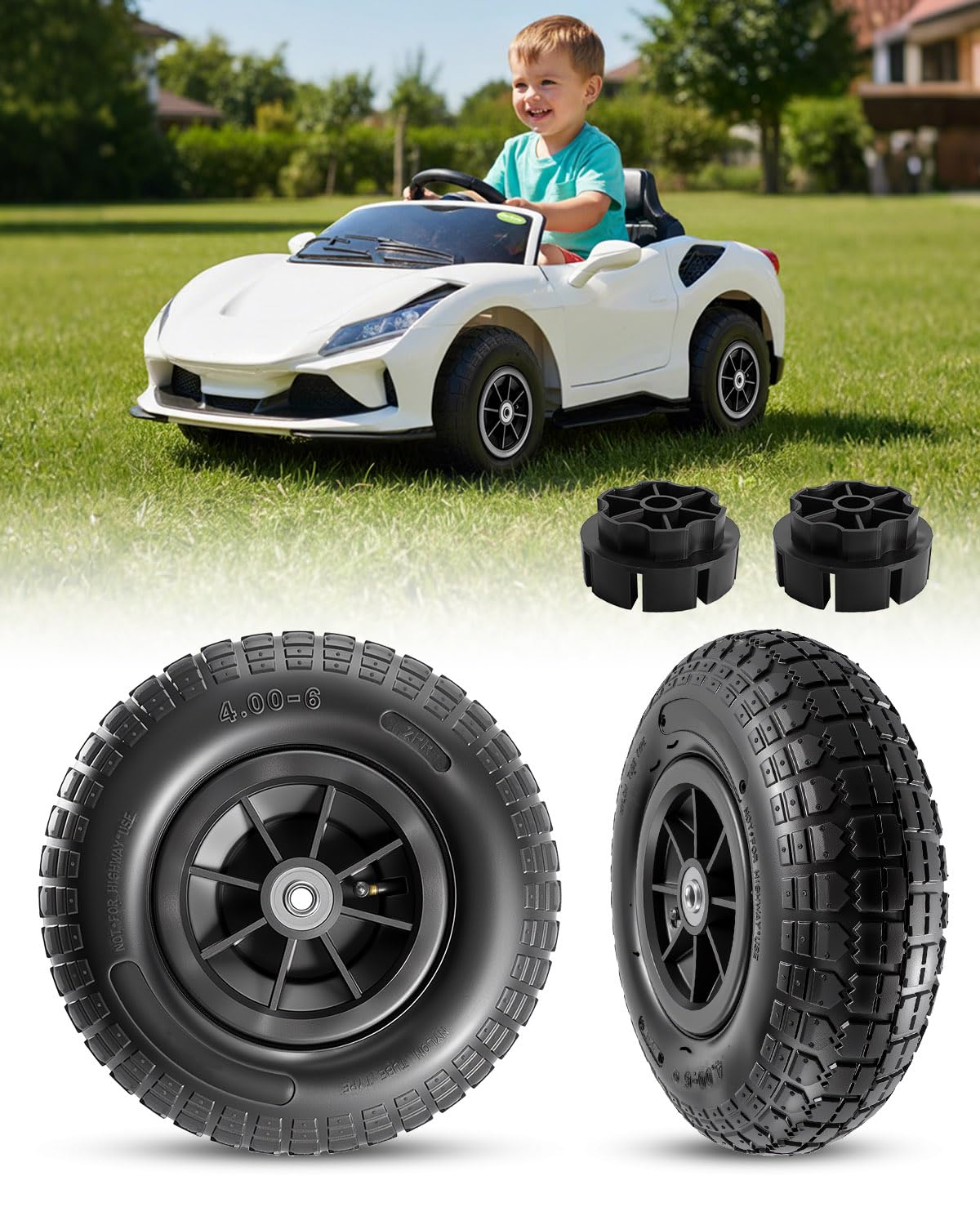 2-Pack 12"x4" Rubber Pneumatic Tire for Power Wheel Ride On Car, 12in Replacement Wheels with Bearings, Compatible with Electric Kids Vehicle, Alligator Ride On Car Wheel Upgrade