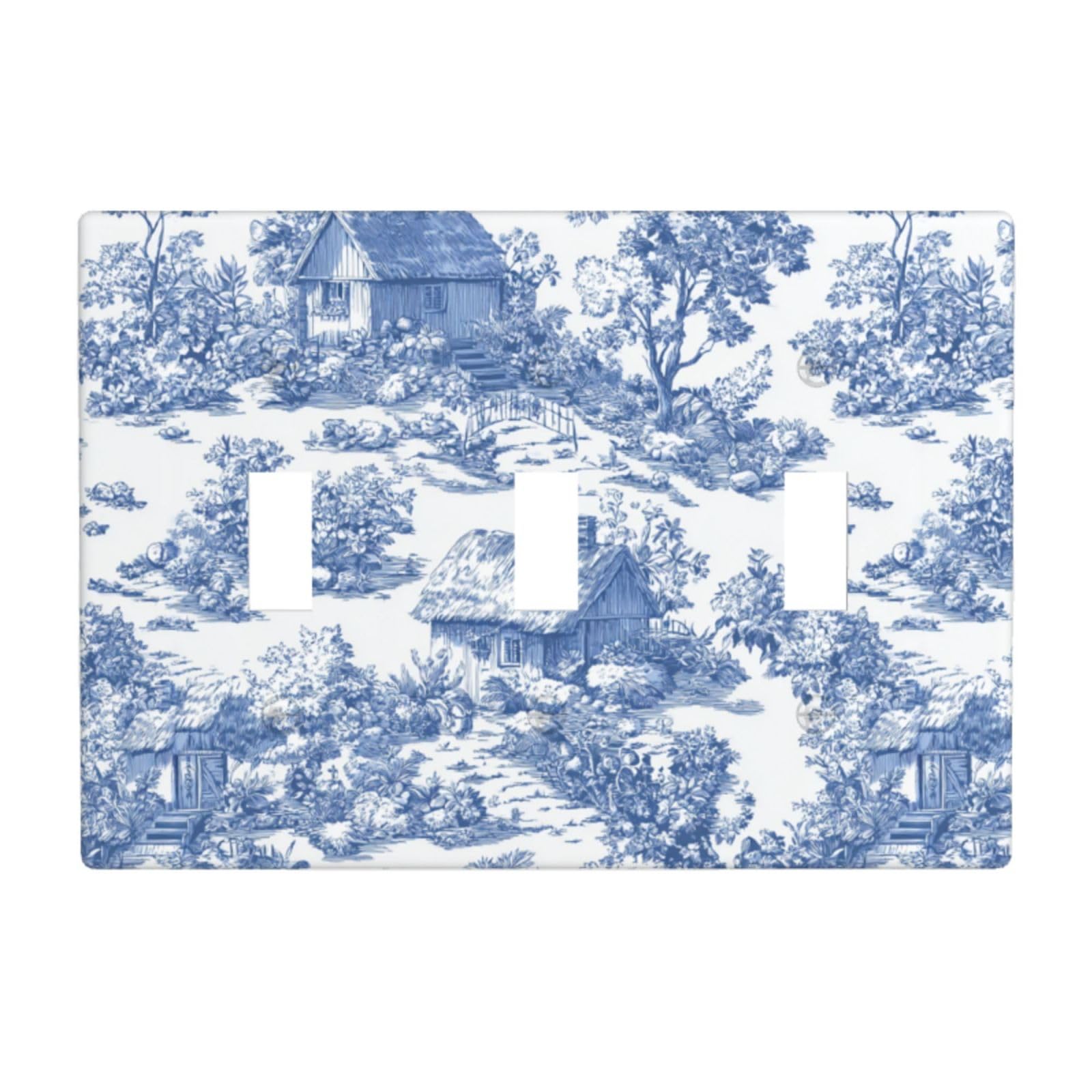Blue Cottagecore Toile Pattern Light Switch Covers 3 Gang Triple Toggle Wall Plate Switchplate Electrical Faceplate for Bathroom Kitchen Bedroom Decor