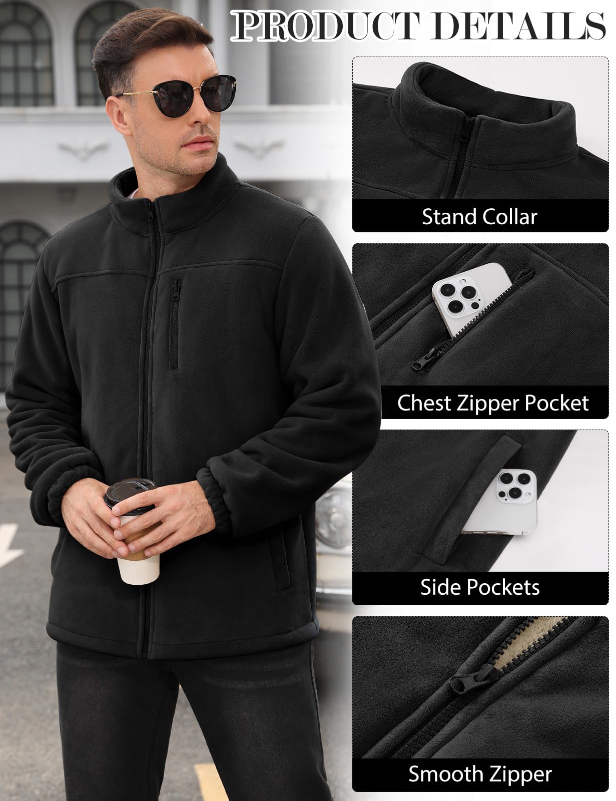 TOMEEK Veste Polaire Homme Hiver Fleece Jacket Full Zippé Chaude Manteau Hommes Blousons avec Poches sans Capuche de Randonnée Travail Epaisse Thermique Blouson