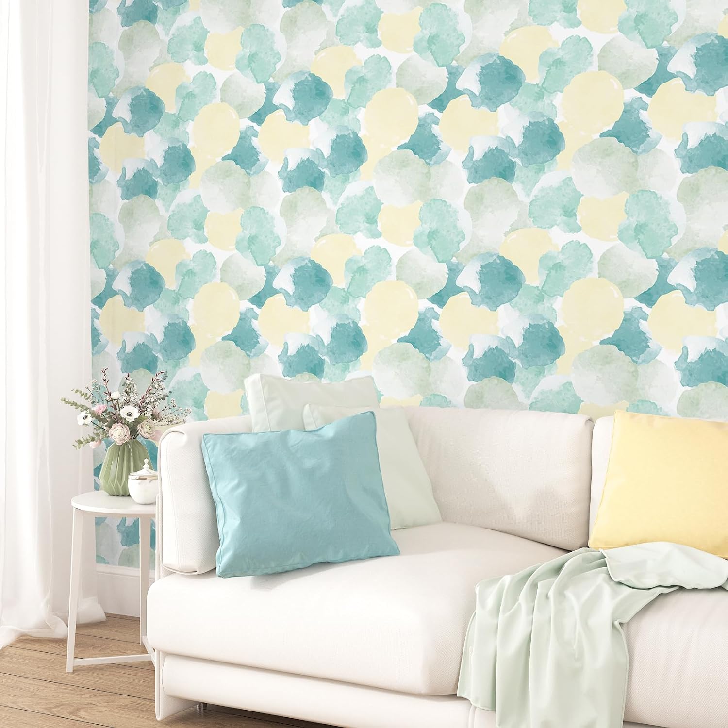 Blue Yellow Abstract Wallpaper Waterproof Geometric Wallpaper Peel and Stick Modern Watercolor Boho Contact Paper Self Adhesive Geometric Contact Paper for Nursery Room Bathroom 17.5" x 118"