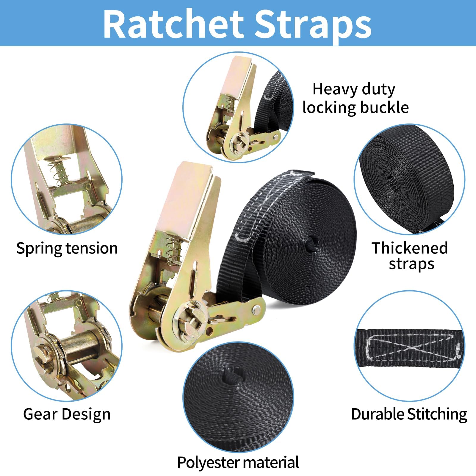 CIRULLI Set di 6 cinghie di fissaggio da 2/4/5 m, 25 mm, capacità di carico 1000 kg, cricchetto per moto, bicicletta, bagagli e campeggio, in poliestere, nero - 3