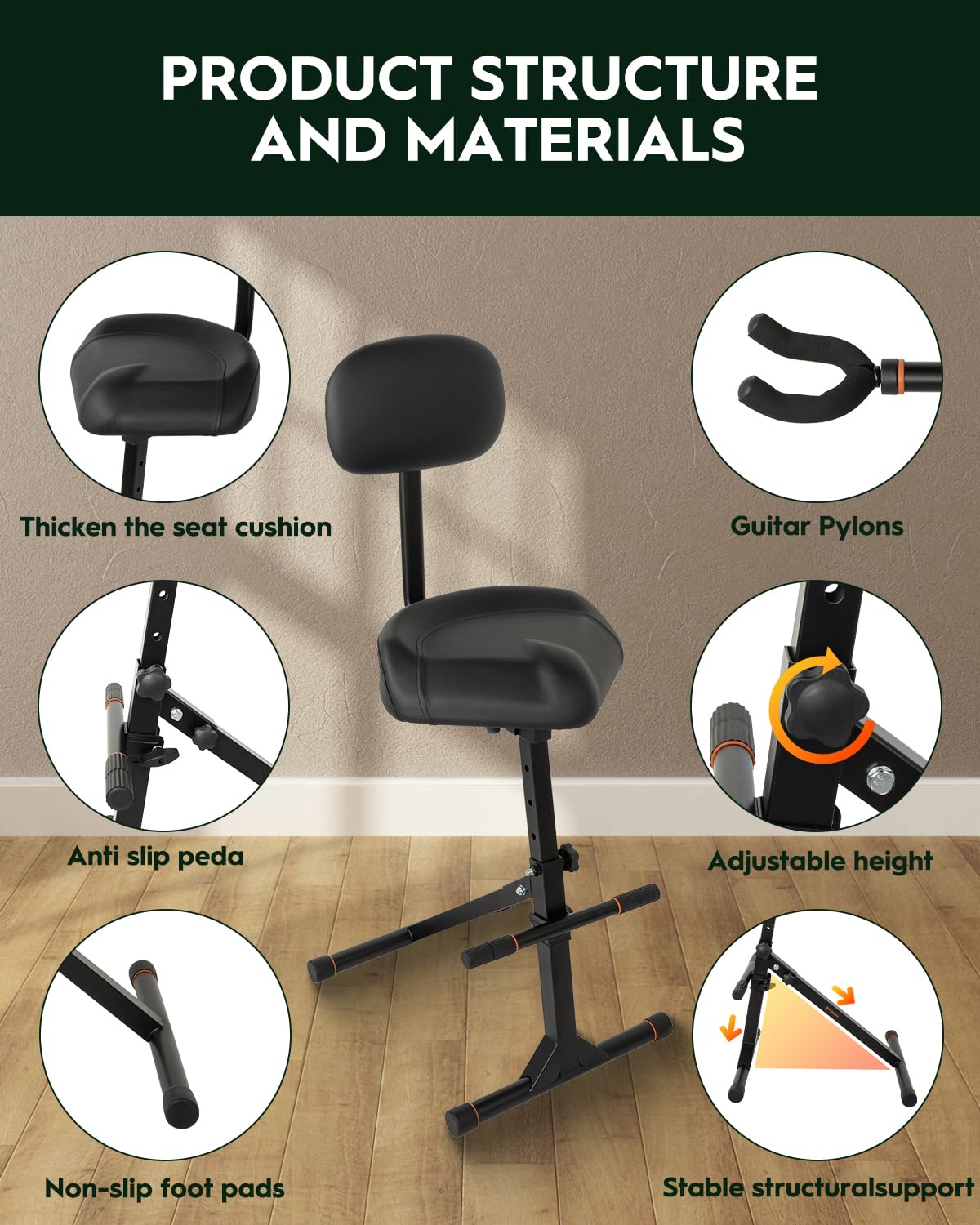 STRICH Sgabello per chitarra con schienale, sgabello regolabile, seduta regolabile in altezza con gancio per bassi acustici, sgabello per tamburo per adulti, batteristi e chitarristi SGT-40