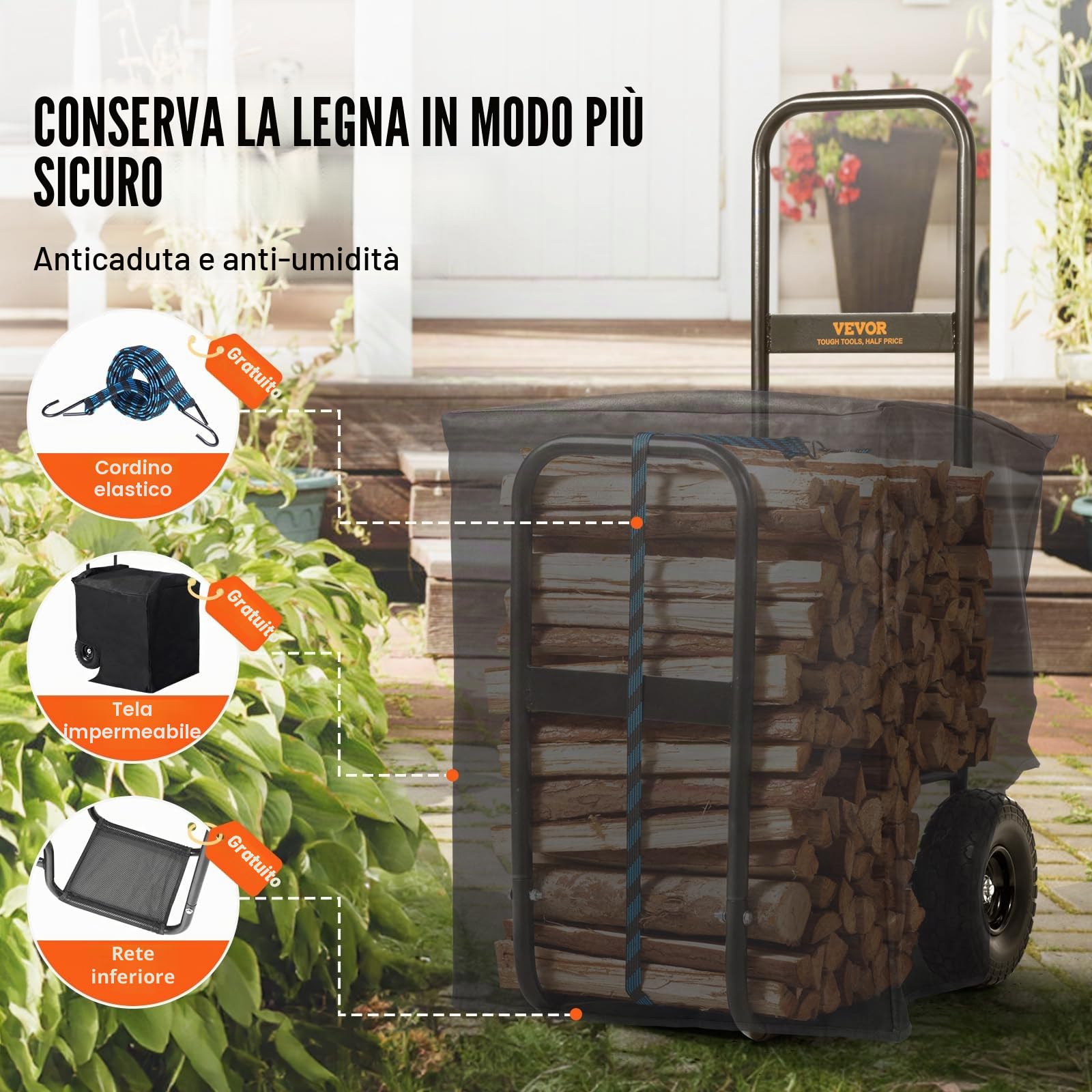 VEVOR Carrello per legna da ardere, 113,4 kg, per esterni e interni, ruote in PU, panno impermeabile, supporto in acciaio resistente, supporto per legna da ardere per camino