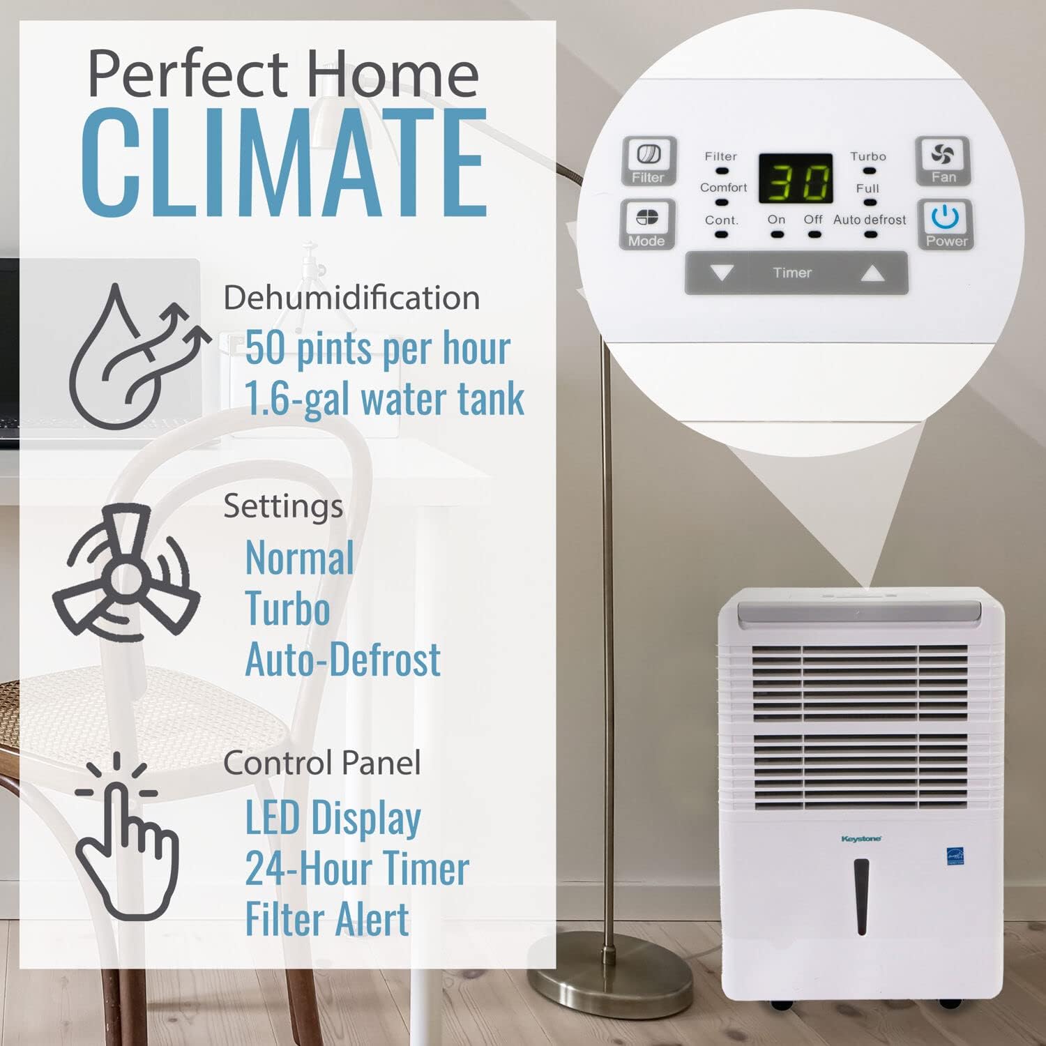 Keystone 50 Pint High Efficiency Dehumidifier for Rooms Up to 4,500 Sq. Ft. with Continuous Drain and Turbo Boost, Quiet Moisture Removal to Prevent Allergens