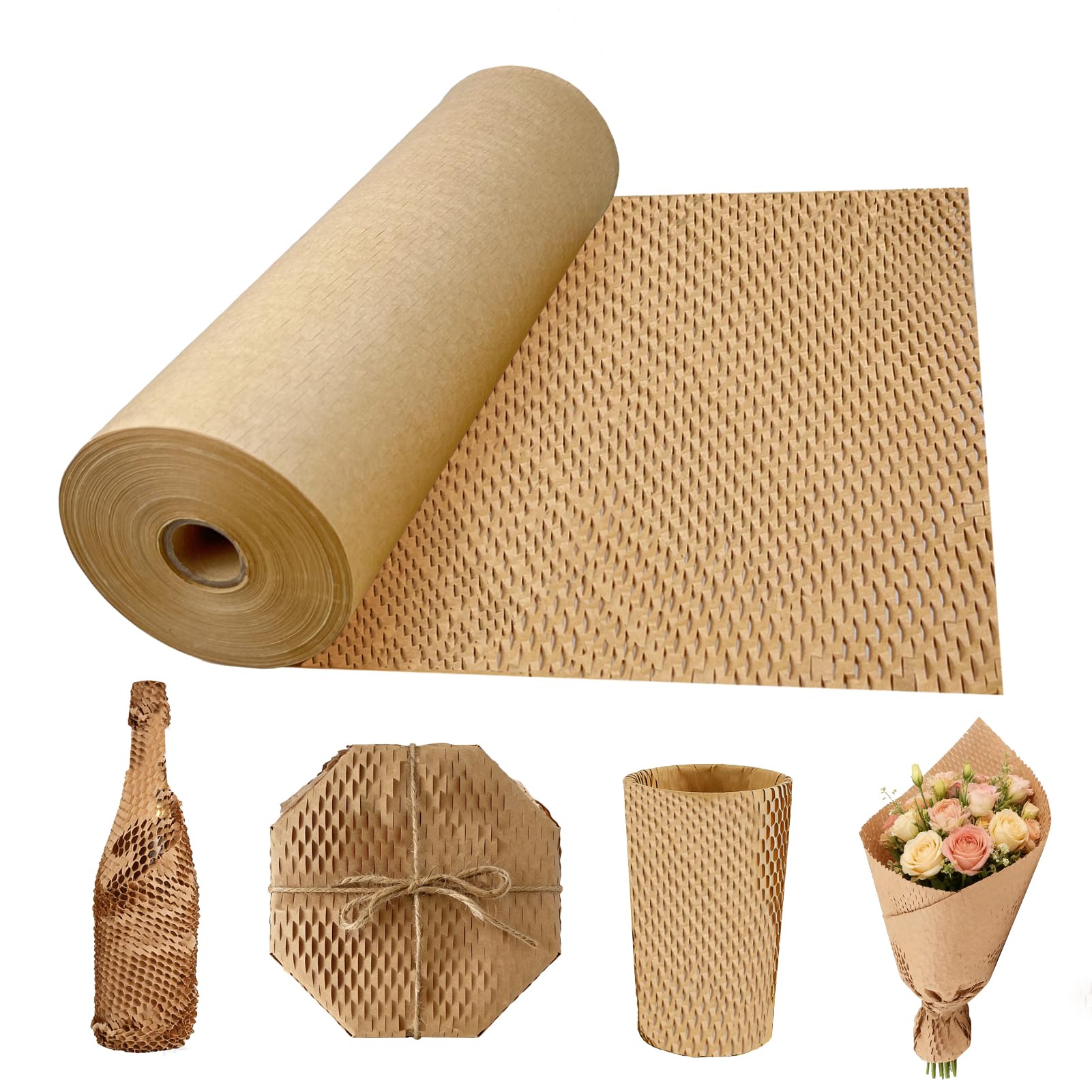 Honeycomb Packing Paper Roll 38cmx80m, Packaging Wrap Paper with 15m Jute Rope, Thick Honeycomb Cushioning Wrapping Roll, Alternative to Bubble Wrap for Moving House Shipping Packing Breakables Gift