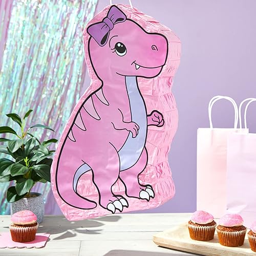 Miniatura 2 de BLUE PANDA Piñata de dinosaurio rosa para niñas, decoraciones de fiesta de cumpleaños con temática de T-Rex (16.5 x 13.0 x 3.0 pulgadas)