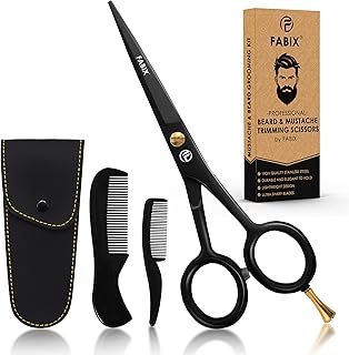Tijeras profesionales de 5 pulgadas para barba y bigote con 1 peine para barba, 1 peine para bigote y estuche de viaje - Tijeras perfectas para recortar barba para todo tipo de pelo facial - Tijeras